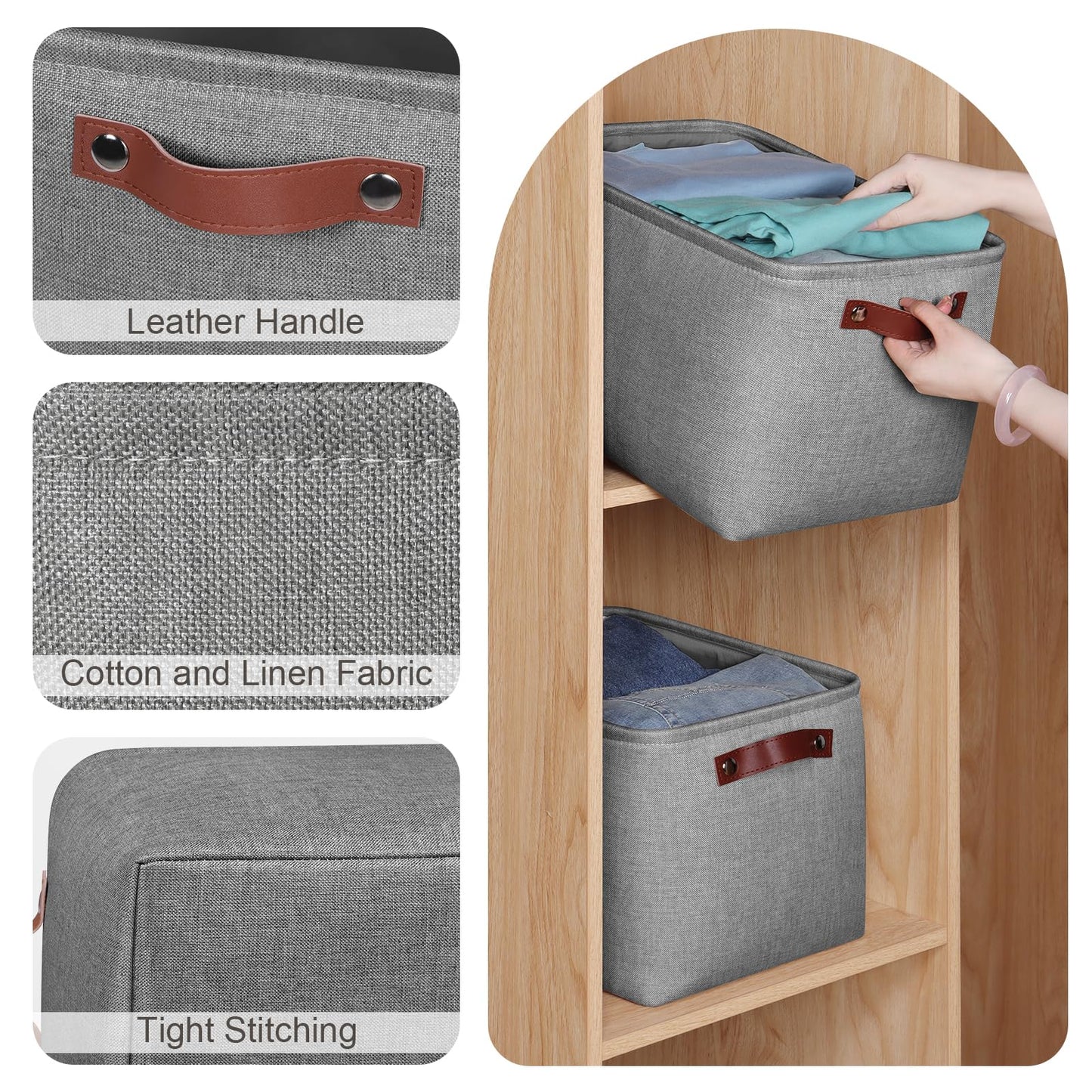 Syeeiex Large Storage Baskets for Shelves with Leather Handle, Foldable 3 Pack Fabric Stoarge baskets for Organizing Home, Toys, Office, Clothes, Grey