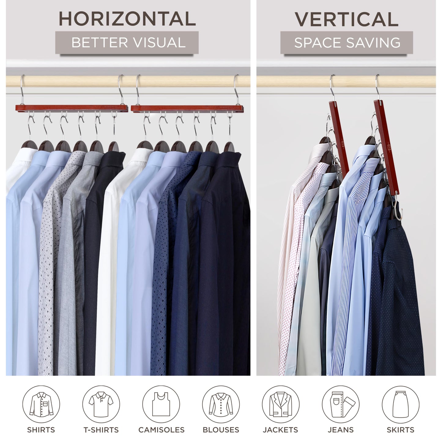 MORALVE Space Saving Hangers for Wardrobe – 4 Pack European Beechwood 6-Tier Shirt Organiser with 360° Swivel Hook
