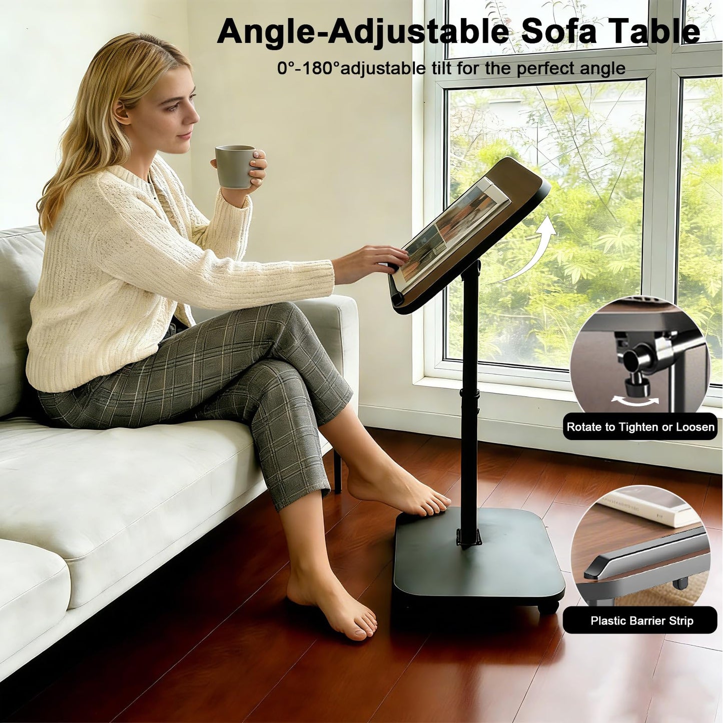 C Shaped Side Table, Sofa TV Tray Tables Adjustable Height & 180° Flip-Over Panel Design