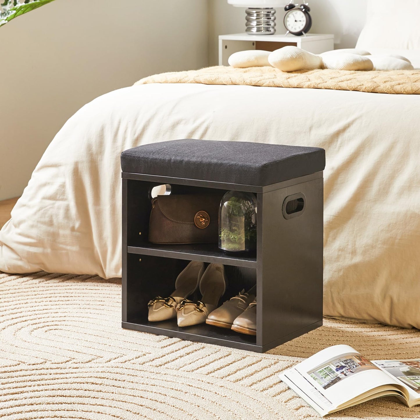 YMYNY Small Shoe Storage Bench with Cushion, Black, HBD028B