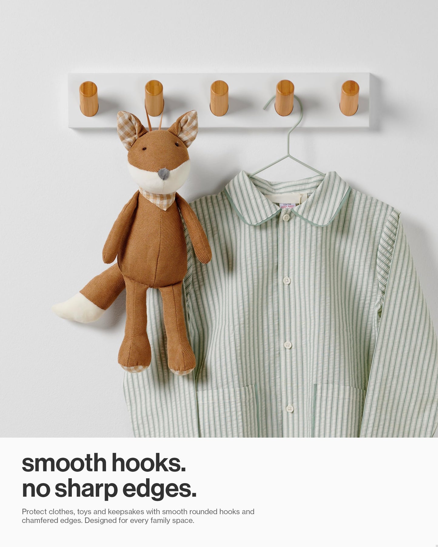 LARHN White Wall-Mounted Coat Rack - 5 Wooden Coat Hooks, 42cm