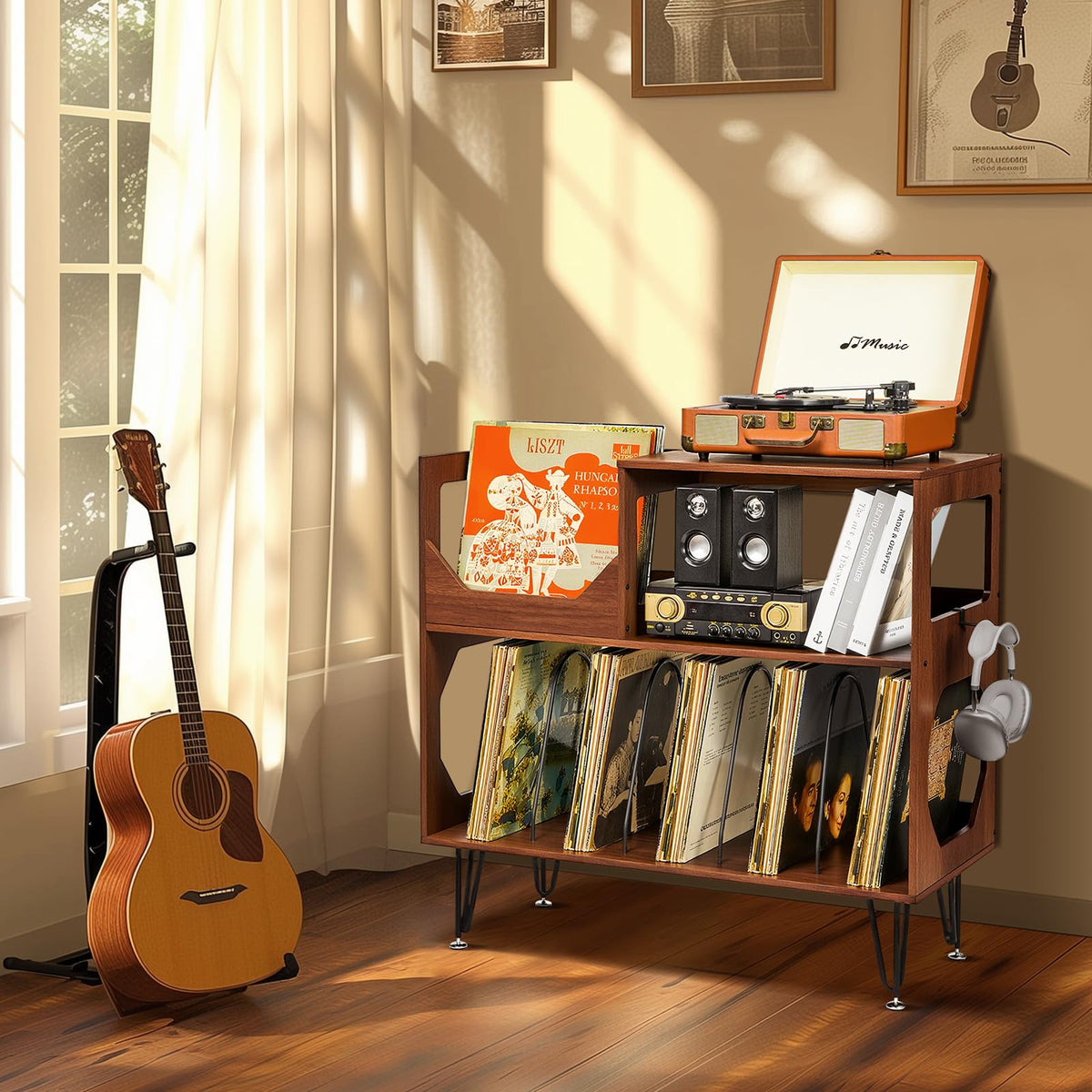 ikkle Large Rustic Record Player Stand, 2 Tier Record Player Table with Vinyl Record Storage, Vinyl Storage Cabinet with Metal Legs