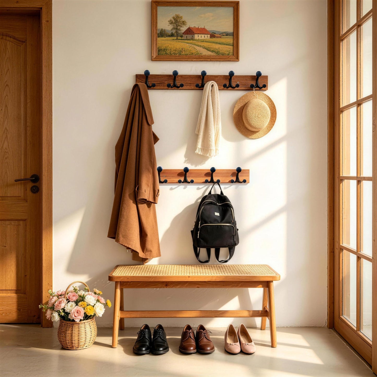 HONSKY Wall Mounted Coat Rack, 61cm Brown Pine Wood Base, 4 Black Sturdy Aluminium Alloy Triple Hooks(12 Hanging Points)