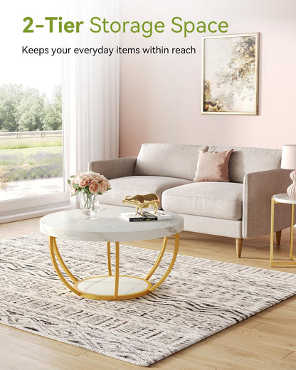 LITTLE TREE Round Coffee Table, 32" Circle Faux Marble Coffee Tables for Living Room