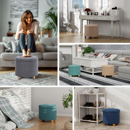 HNNHOME 45cm Round Linen Padded Seat Ottoman Storage Stool Box, Footstool Pouffes Chair with Lids (Pearl River)