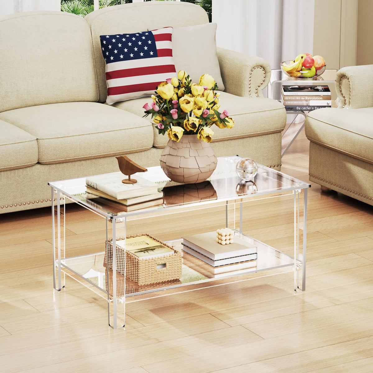 solaround Acrylic Coffee Table, with 2-Tier Open Storage Shelf, Space-saving Tea Tables for Living Room, Clear, 80 x 50 x 40 cm