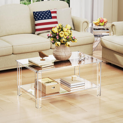 solaround Acrylic Coffee Table, with 2-Tier Open Storage Shelf, Space-saving Tea Tables for Living Room, Clear, 80 x 50 x 40 cm