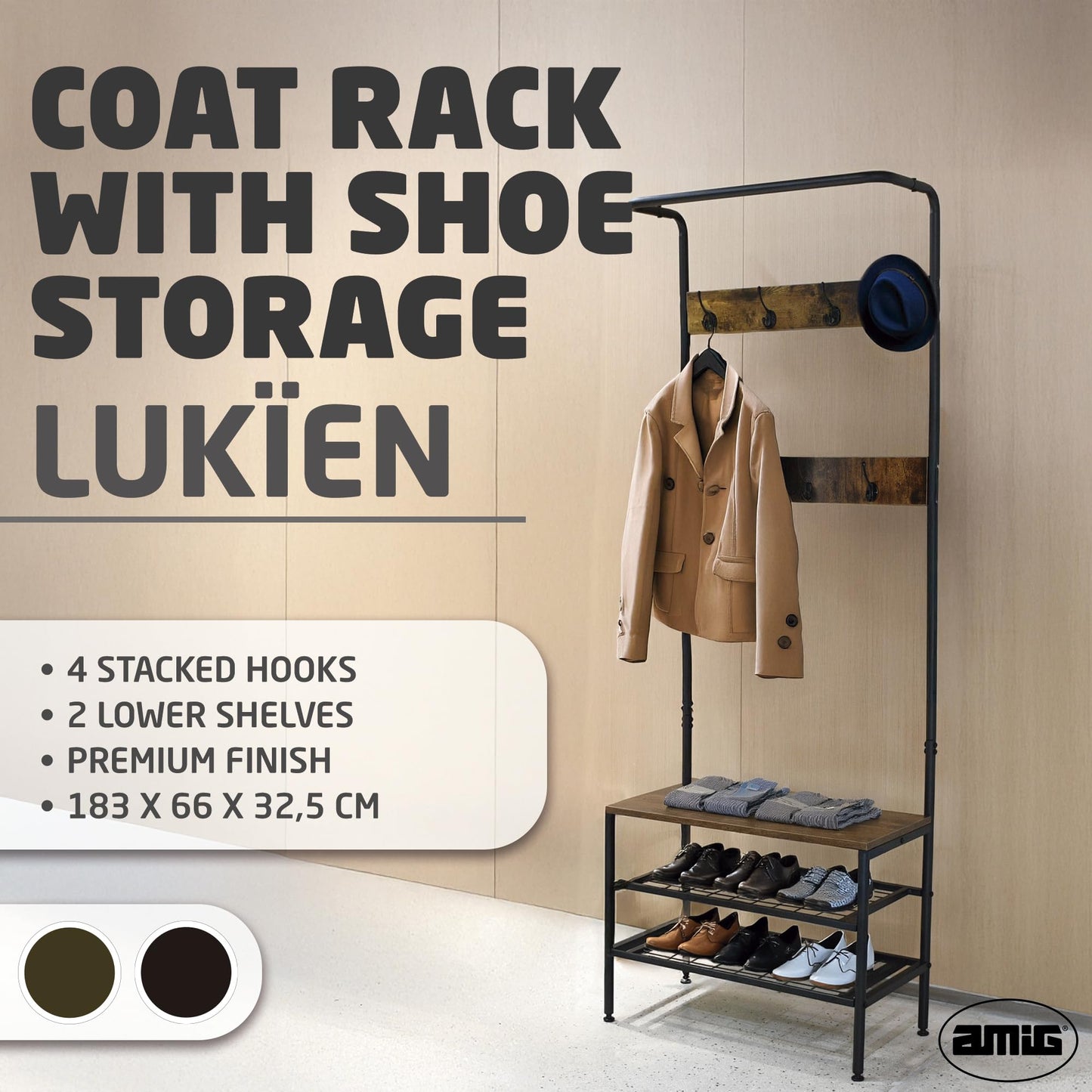 Amig - Coat Rack with Shoe Shelf Lukïen Entryway Furniture with Industrial Style Bench 183x66x32.5 cm Metal and Wood Black and Brown Furniture for