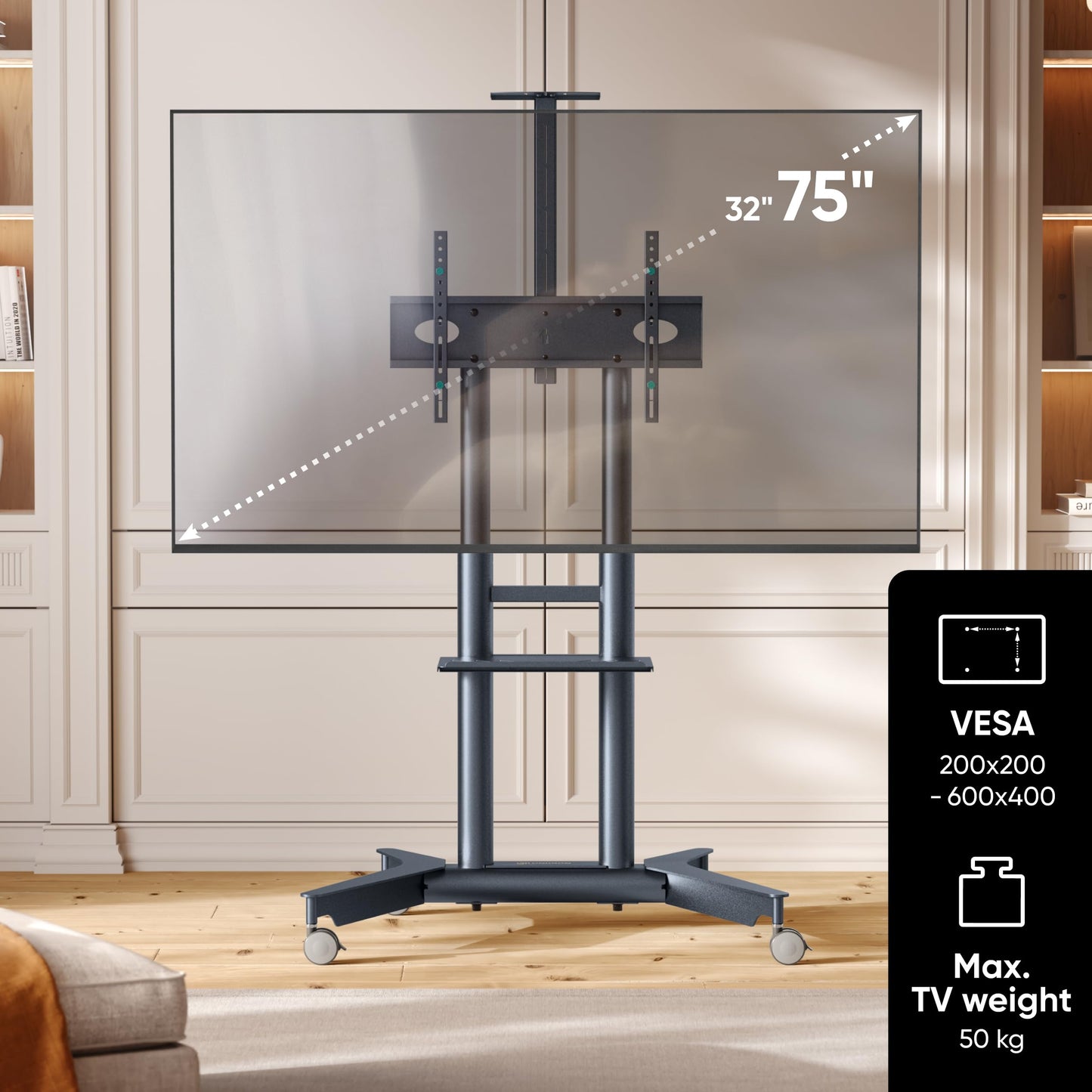 ONKRON Mobile TV Stand 32-75 Inch up to 50 kg, max VESA 600x400, TS1571-G
