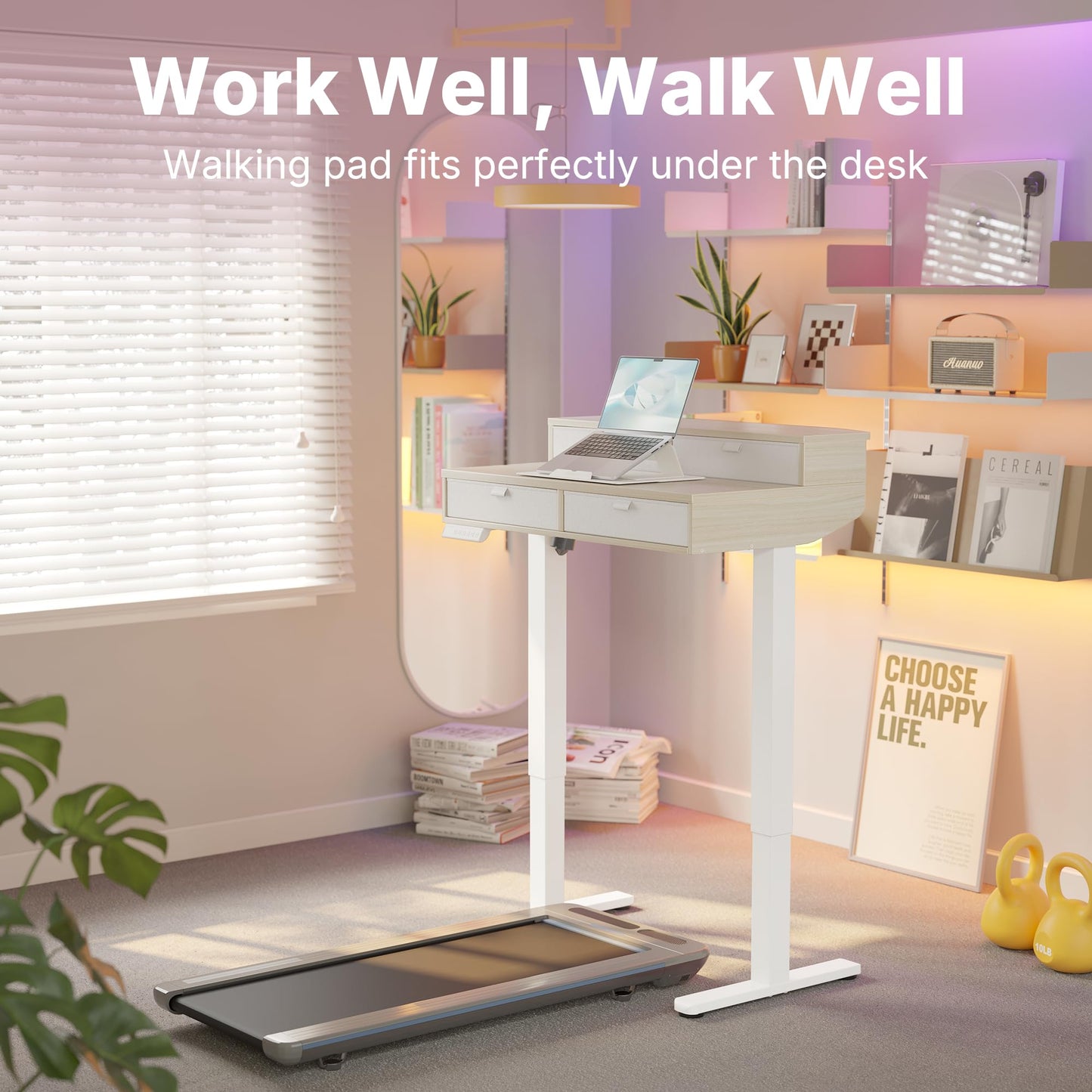 HUANUO Standing Desk with Drawers, 80x53cm, Natural