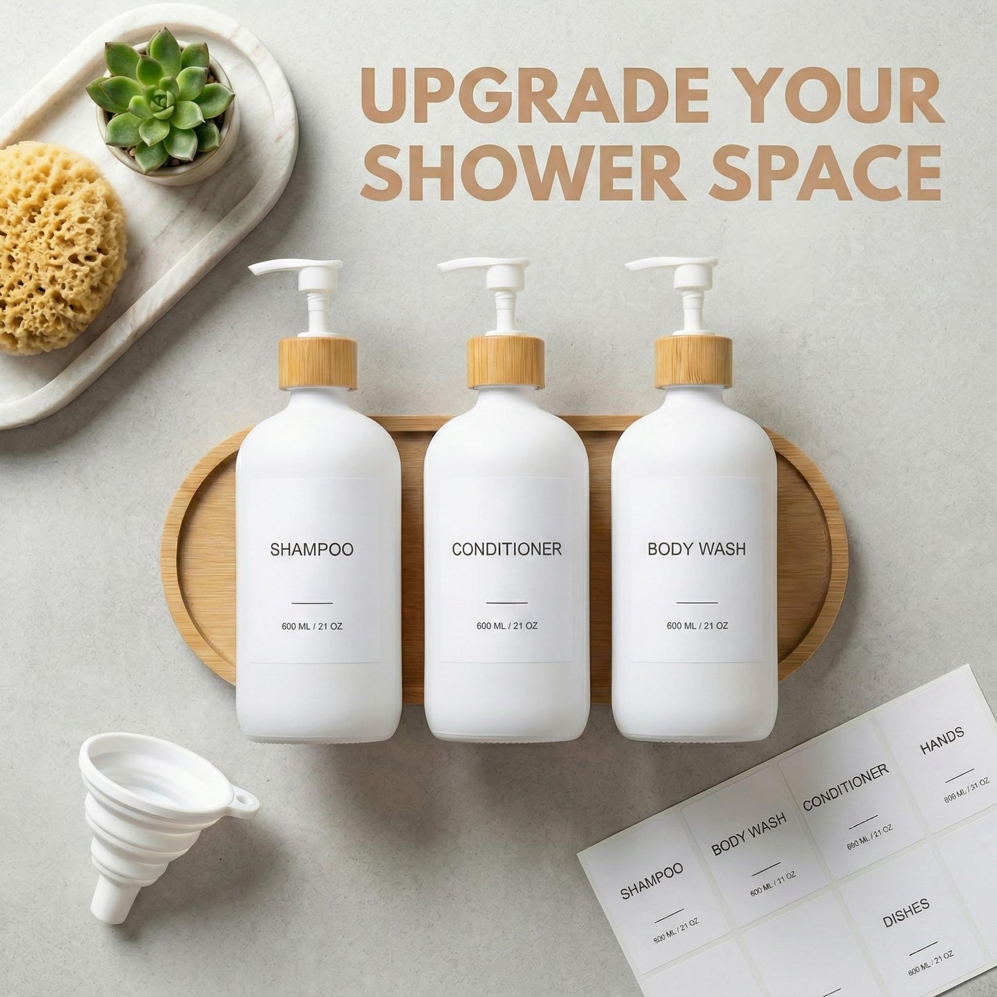 Shampoo and Conditioner Dispenser Set - 3 Pack 600ml/21oz Refillable PET Shower Bottles with Plastic Pump, Bamboo Tray, Funnel & Labels