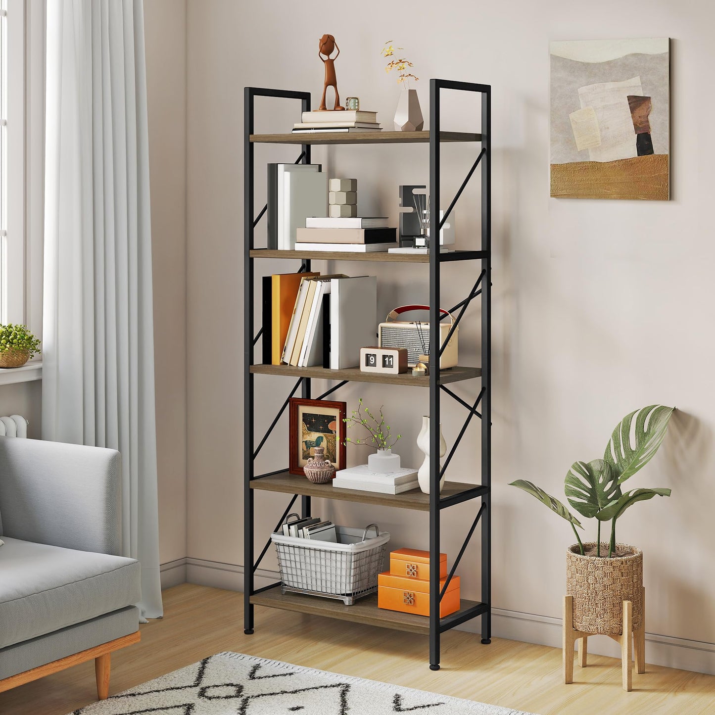 YITAHOME Bookshelf, 5 Tiers Bookcase Tall Book shelf with Metal Frame, Industrial Display Storage Rack