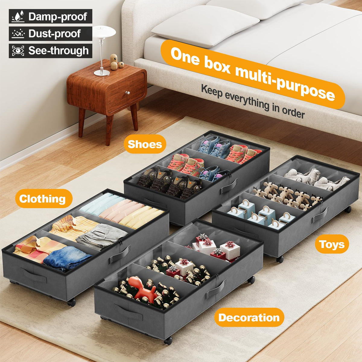 2 Pack Under Bed Storage on Wheels,Rolling Storage Drawers with Clear Lid