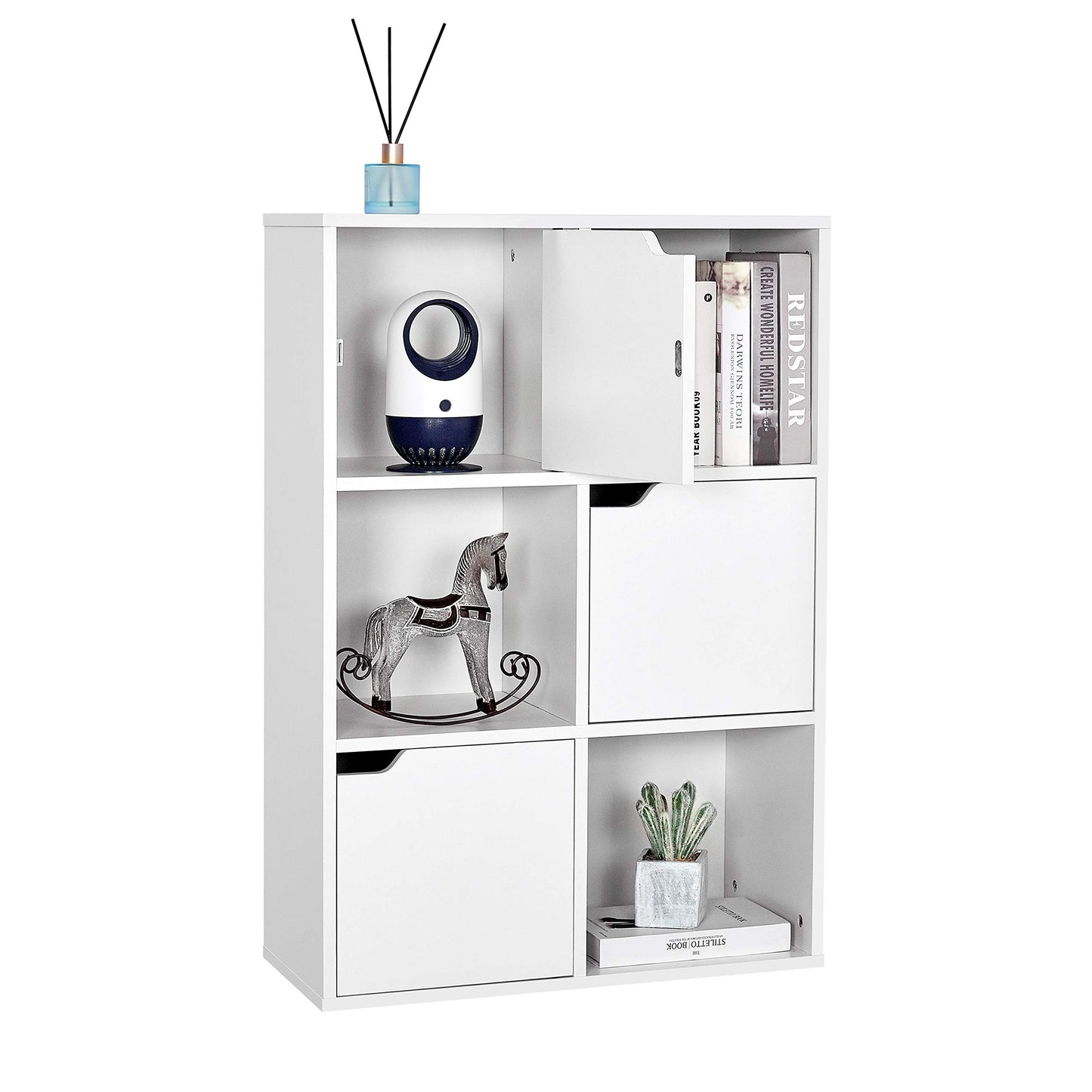 Mondeer Bookcase White, 6 Cube Storage Unit, 3-Tier Bookshelf with Doors, Wooden Shelf Organiser Display Cabinet for Living Room, Bedroom