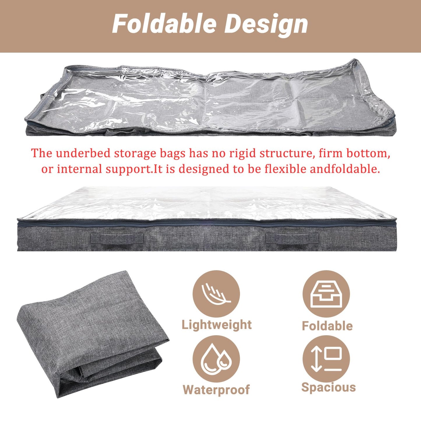 Pomodee Grey Under Bed Storage Box with Zip – 2 Pack with Lid,Clear Window