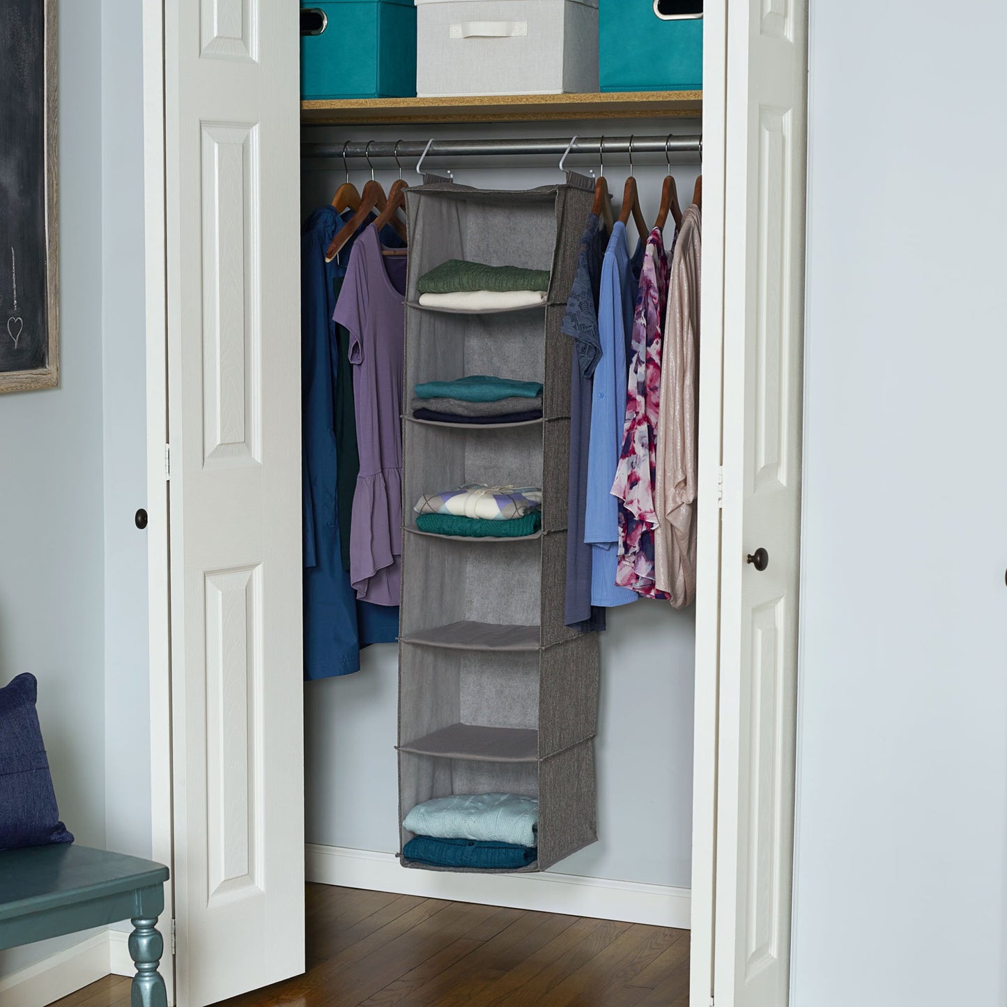 Household Essentials Storage 6 Shelf Hanging Closet Organizer, Grey Linen