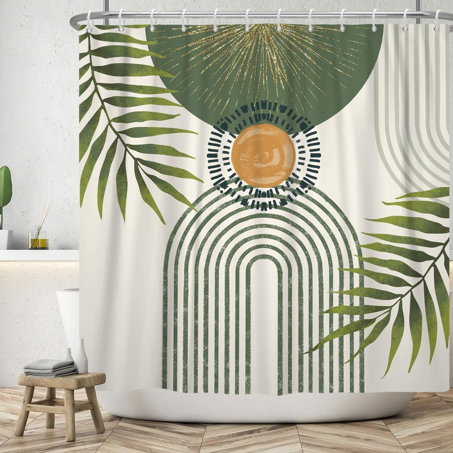 ASDCXZ Boho Shower Curtain 180 x 180 cm, Modern Abstract Green Palm Leaves Sun Bow Beige Washable Shower Curtains Polyester Textile Waterproof