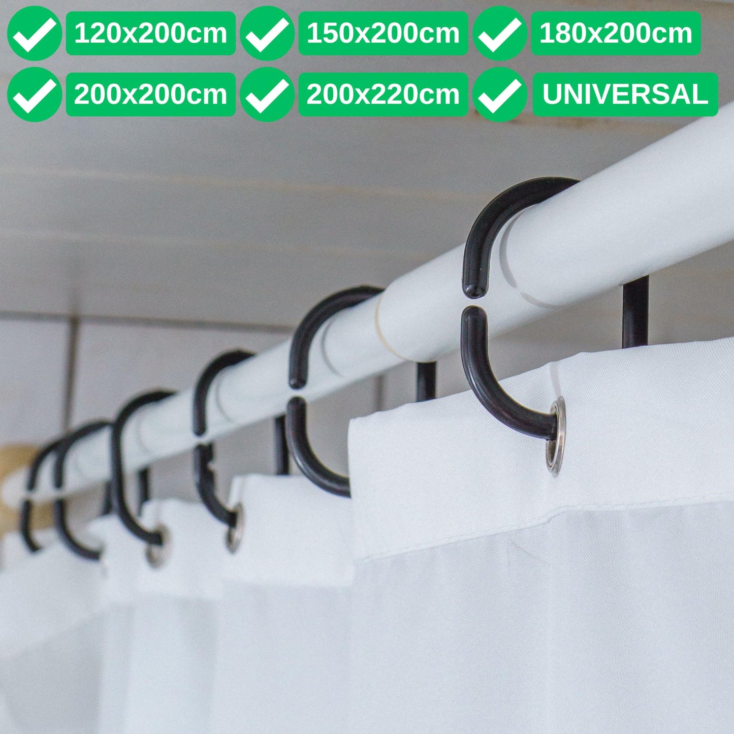 Shower Curtain Rings, 24 Pack, in Black, Inner Diameter 1.8 x 1.1", for Shower Curtain Rods, sturdy plastic shower rings, hooks for shower curtains