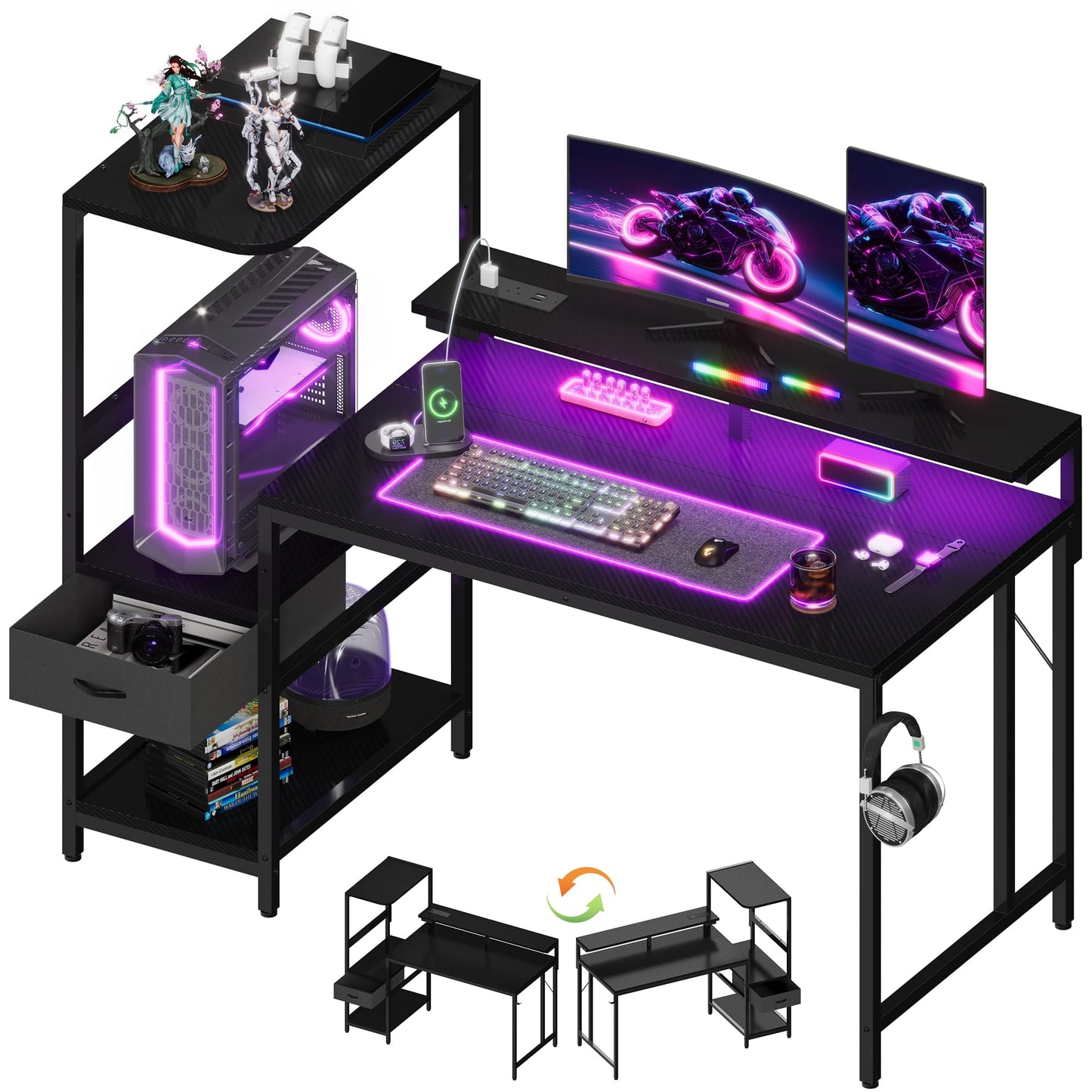JUMMICO 140×60cm Gaming Desk with Power Outlet & LED Lights, Reversible L-Shaped Computer Desk with Monitor Stand, Storage Drawer & Shelves