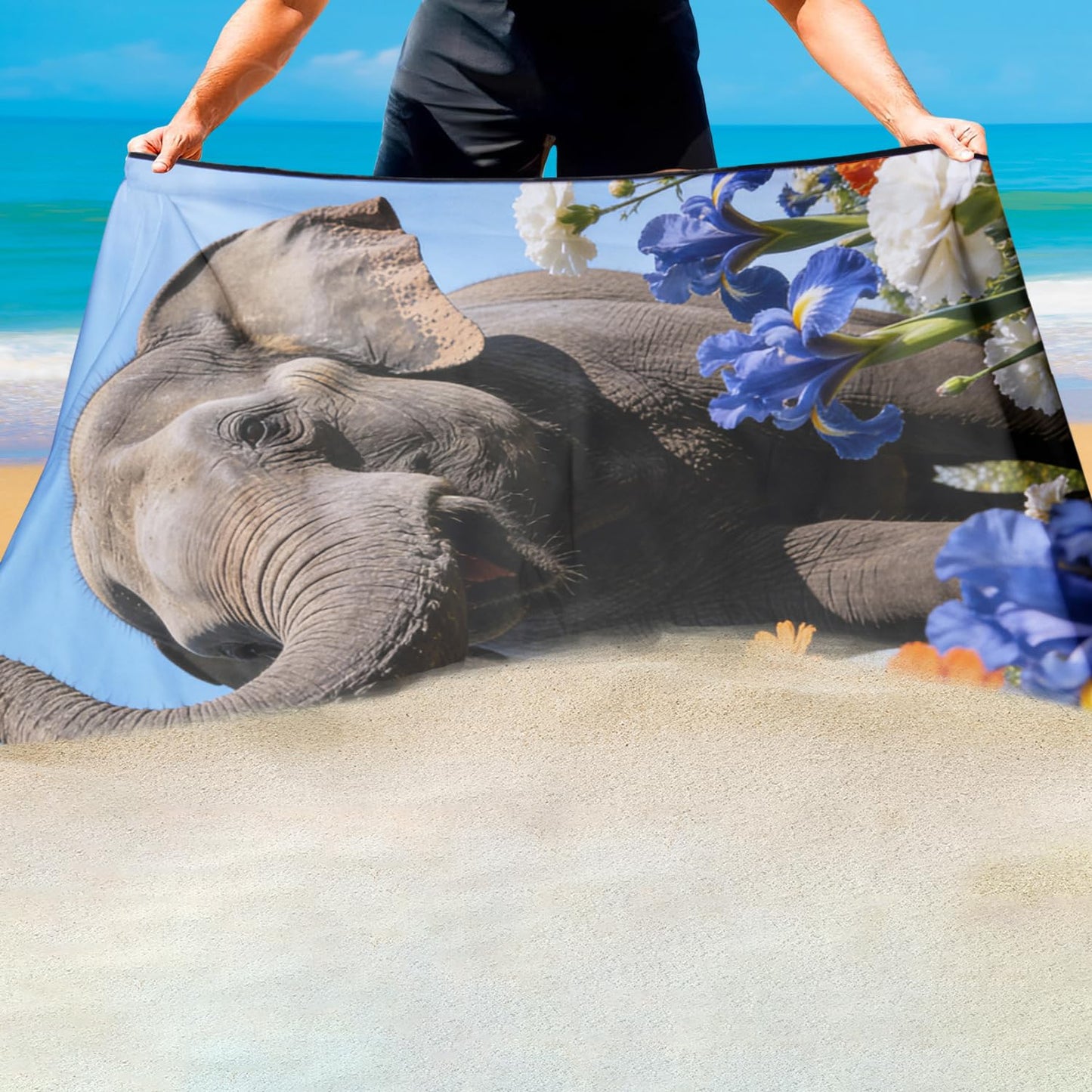 Violetpos Elephant in Irises & Cosmos Beach Towel, Extra Large 180x90 cm 250GSM Microfibre, Sand Free Quick Dry