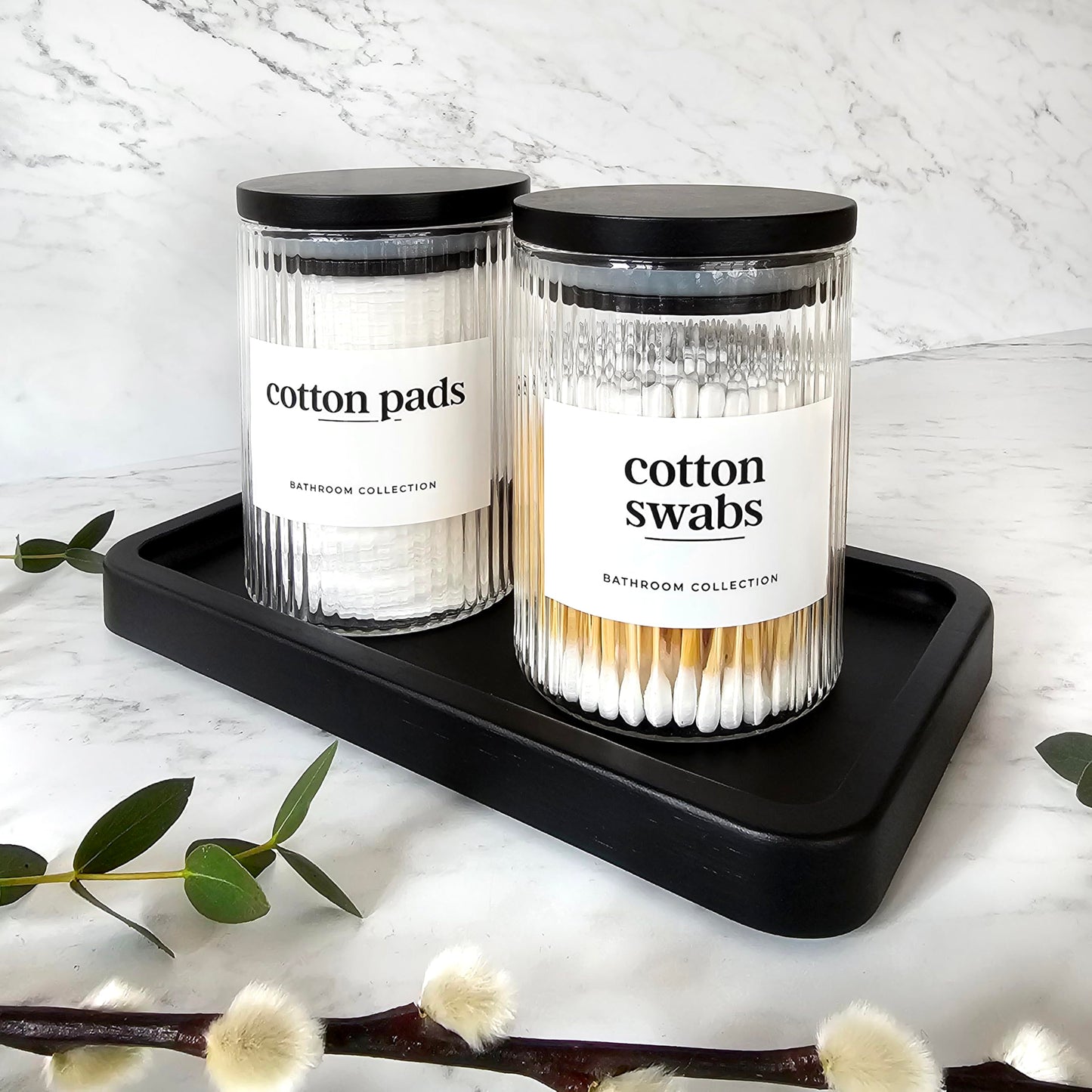 Mason & Fable Ribbed Glass Bathroom Jars with Airtight Black Bamboo Lids | Cotton Pad/Buds/Q tip Holder