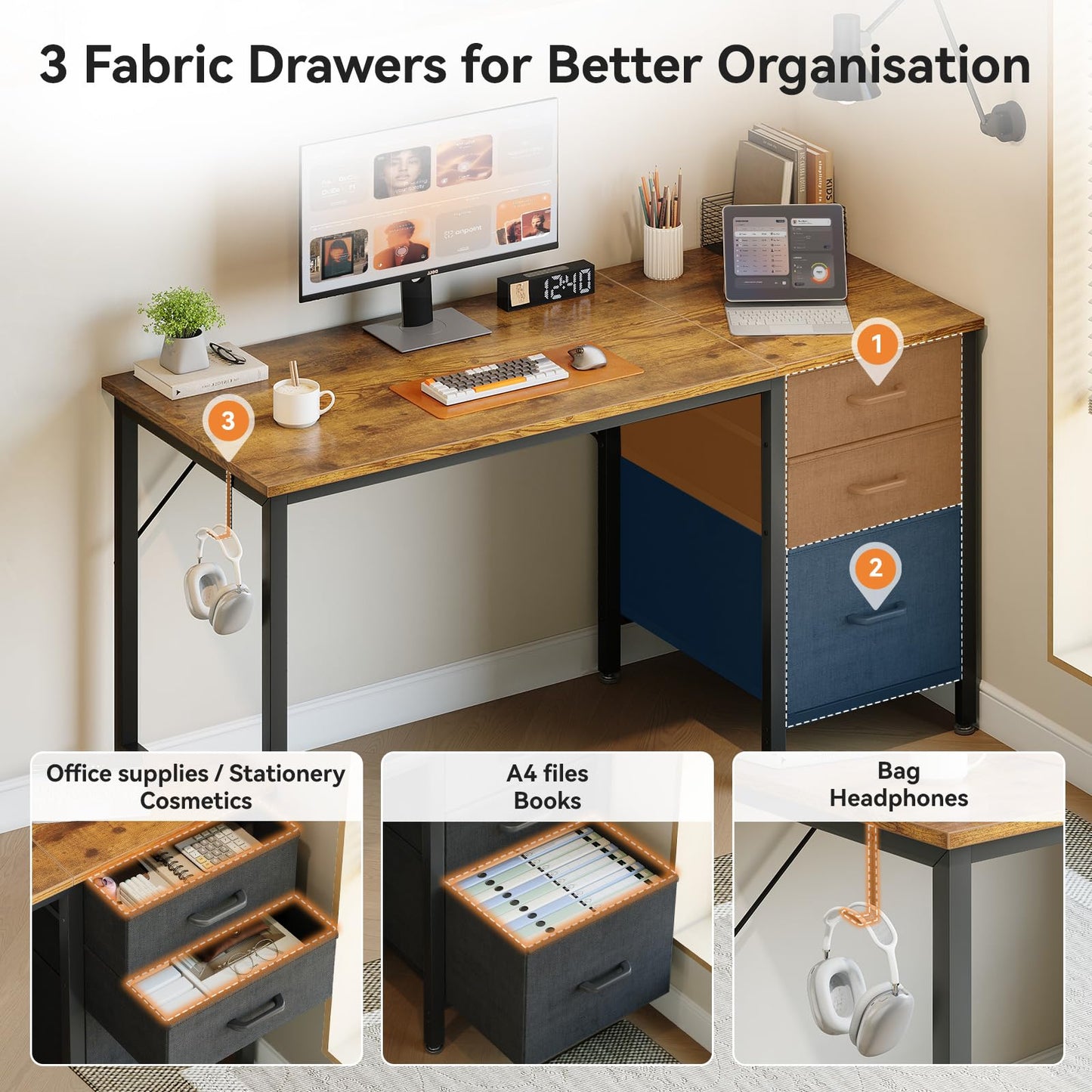 Coleshome Computer Desk with Drawers, 120cm Office Desk with Storage, Brown