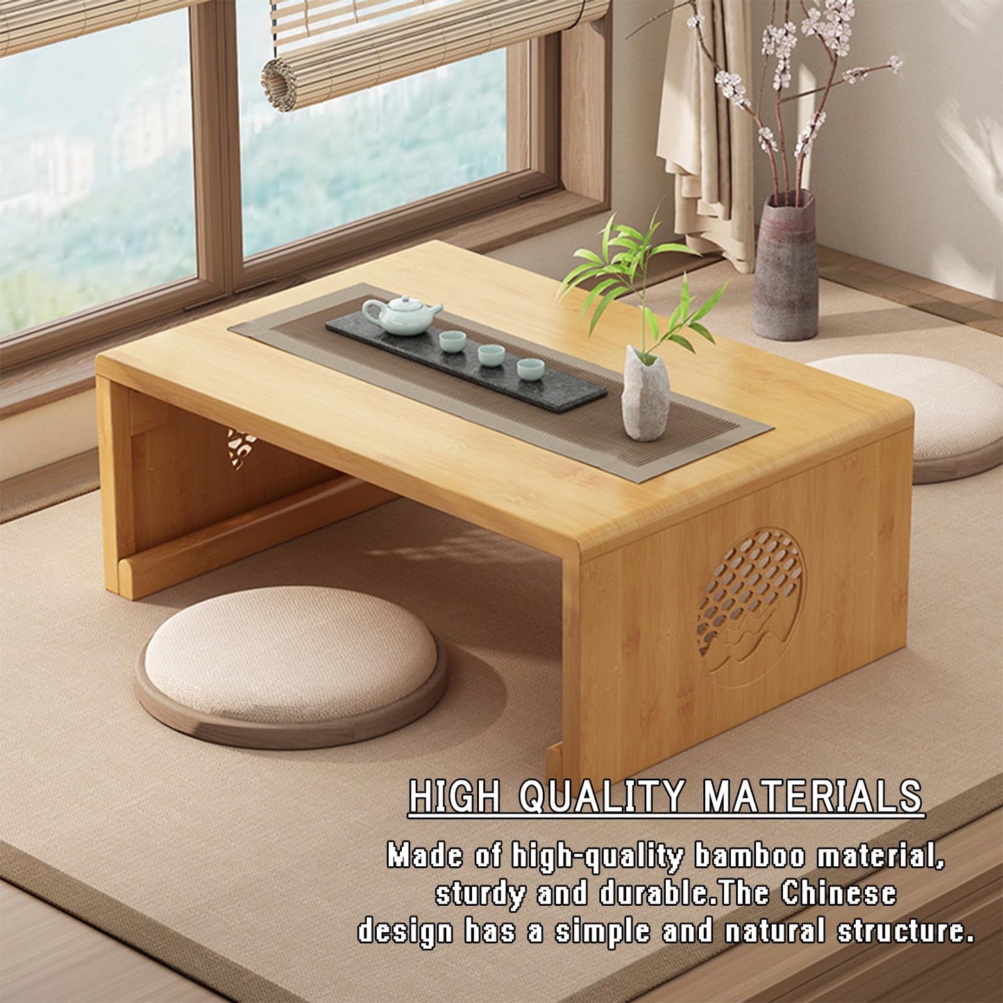 JIANCNGU Bamboo Chinese Tea Floor Table Japanese Foldable Coffee Table Altar Table For Meditation Low Portable Collapsable Tatami Table for Living