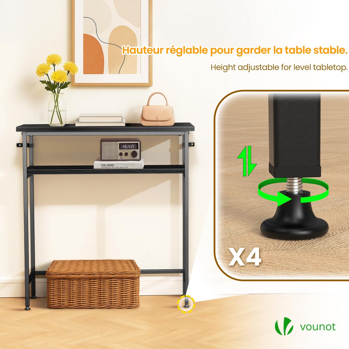 VOUNOT® Narrow Console Table, 2- Tier Slim Metal Frame Entryway Table, Small Sofa Side Table with Storage Shelf for Hallway, Living Room or Bedroom