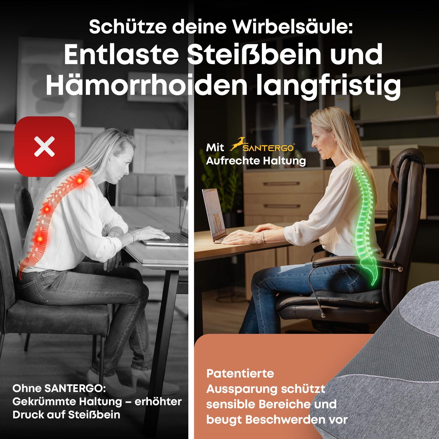 SANTERGO Ergonomic Seat Cushion Made of Moulded Foam [Patented & Dimensionally Stable] Chair Cushion Wedge Cushion Chair Office Chair Wheelchair Car