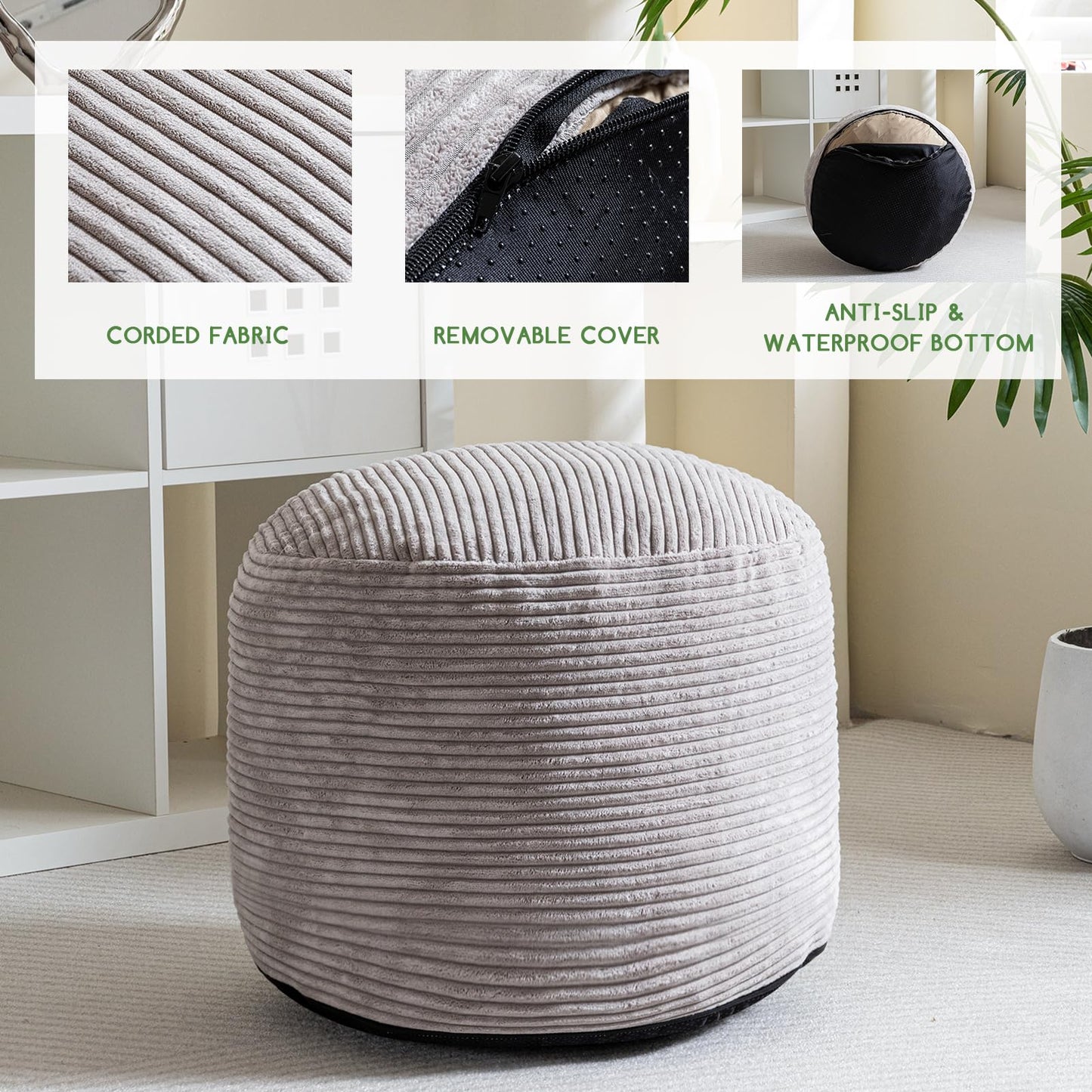 HIGOGOGO Corduroy Beanbags Round Footstool Bean Bag Pouf with Foam Chunk Filling, 50 x 35 cm Floor Poufs Foot Rest for Living Room, Grey