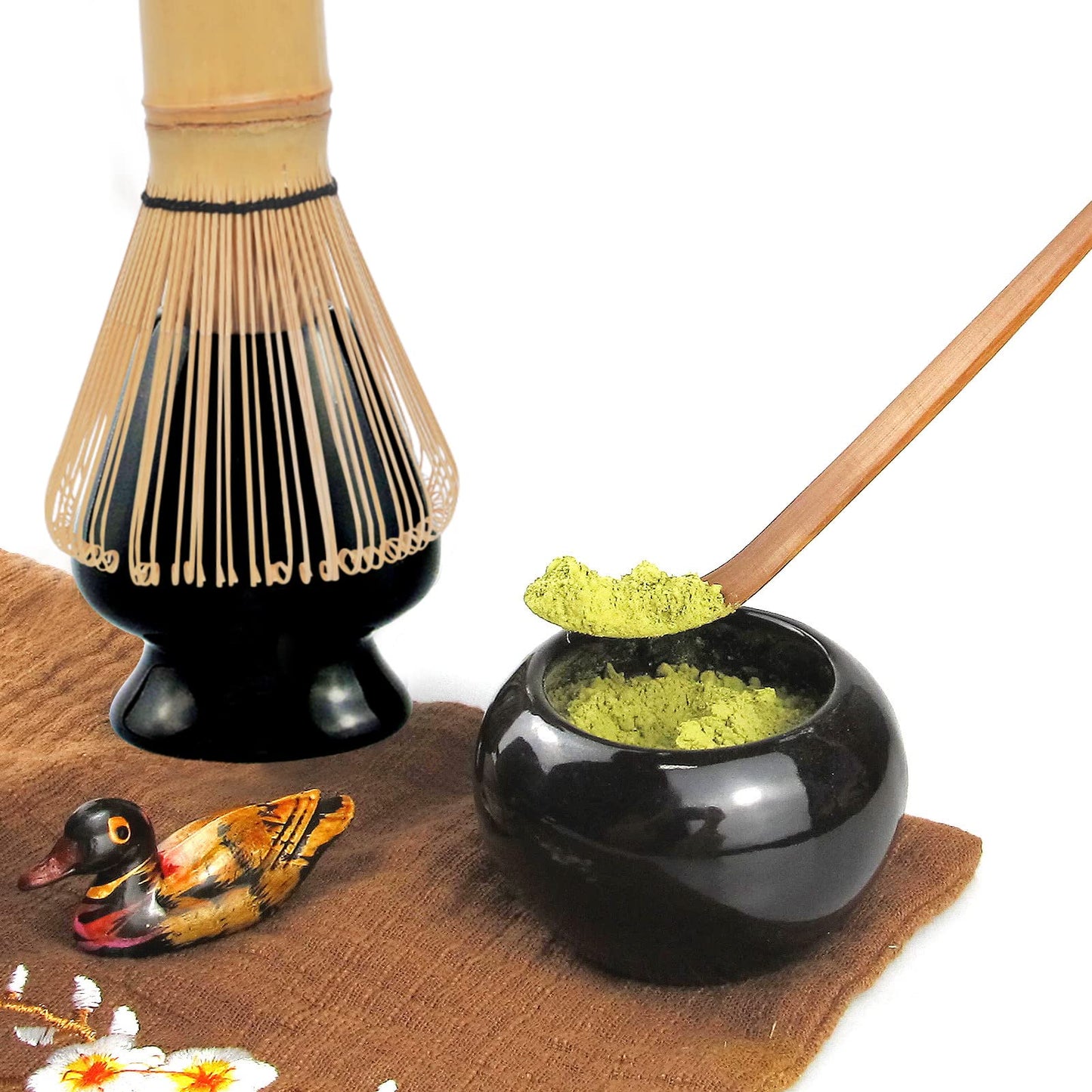 Artcome 10-Piece Japanese Matcha Tea Set - Bowl, Whisk, Scoop, Spoon, Cloth, Bamboo Holder, Powder Caddy, Strainer (Black)