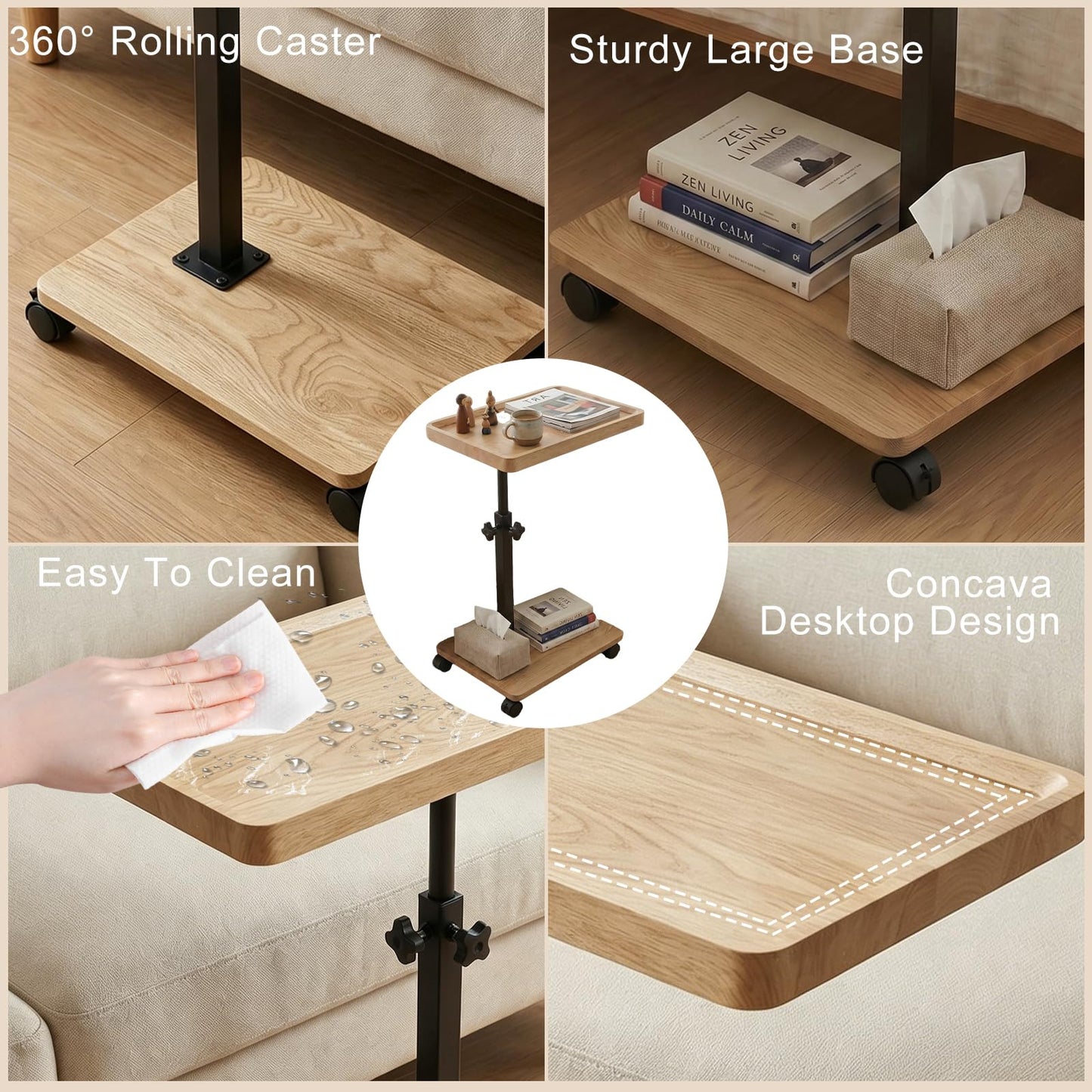 XUDREZ Adjustable Side Table, C Shaped Small Table with 4 Wheels 364° Swivel Tray, End Table for Living Room Bedroom Sofa Small Spaces