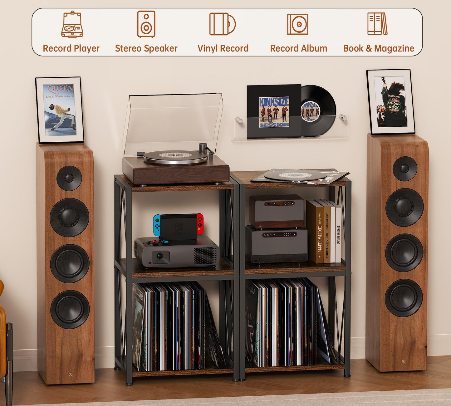 HFHOME Vinyl Record Storage 3 Tier Side Table, Record Player Cabinet for Vinyl Storage and Display, Turntable Stand in Living Room, Bedroom