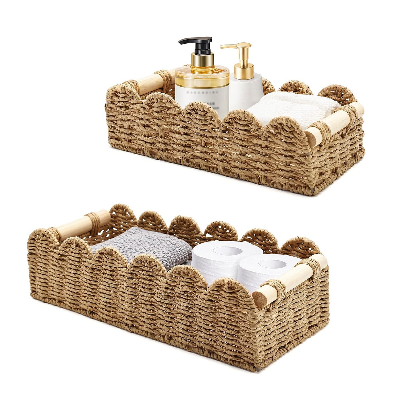 2 PCS Rattan Scalloped Basket, Wicker Storage Basket for Countertop Shelves with Wooden Handles