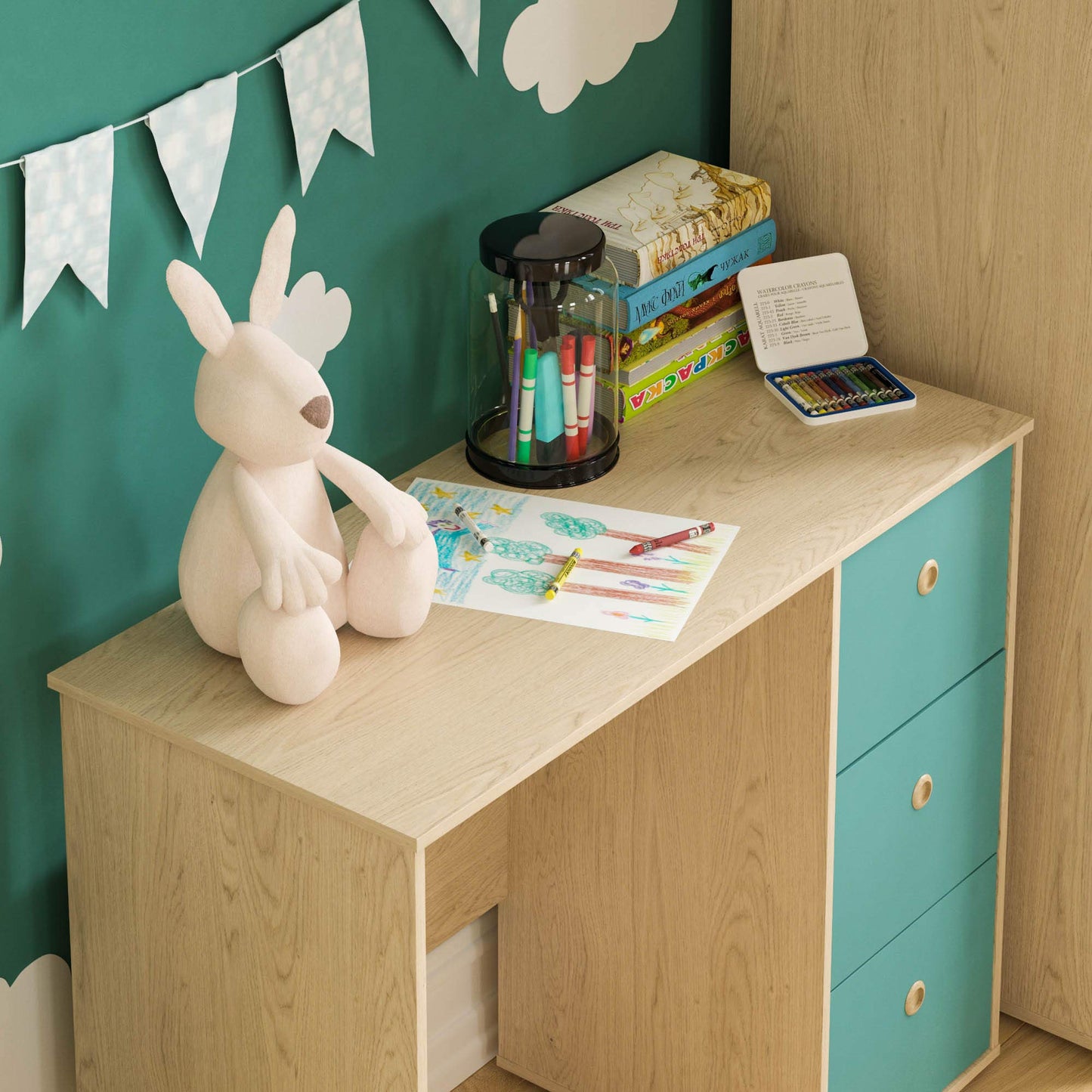 Junior Vida Neptune 3 Drawer Desk Computer Dressing Table PC/Laptop Home Study Workstation Children Kids Furniture (Blue & Oak)