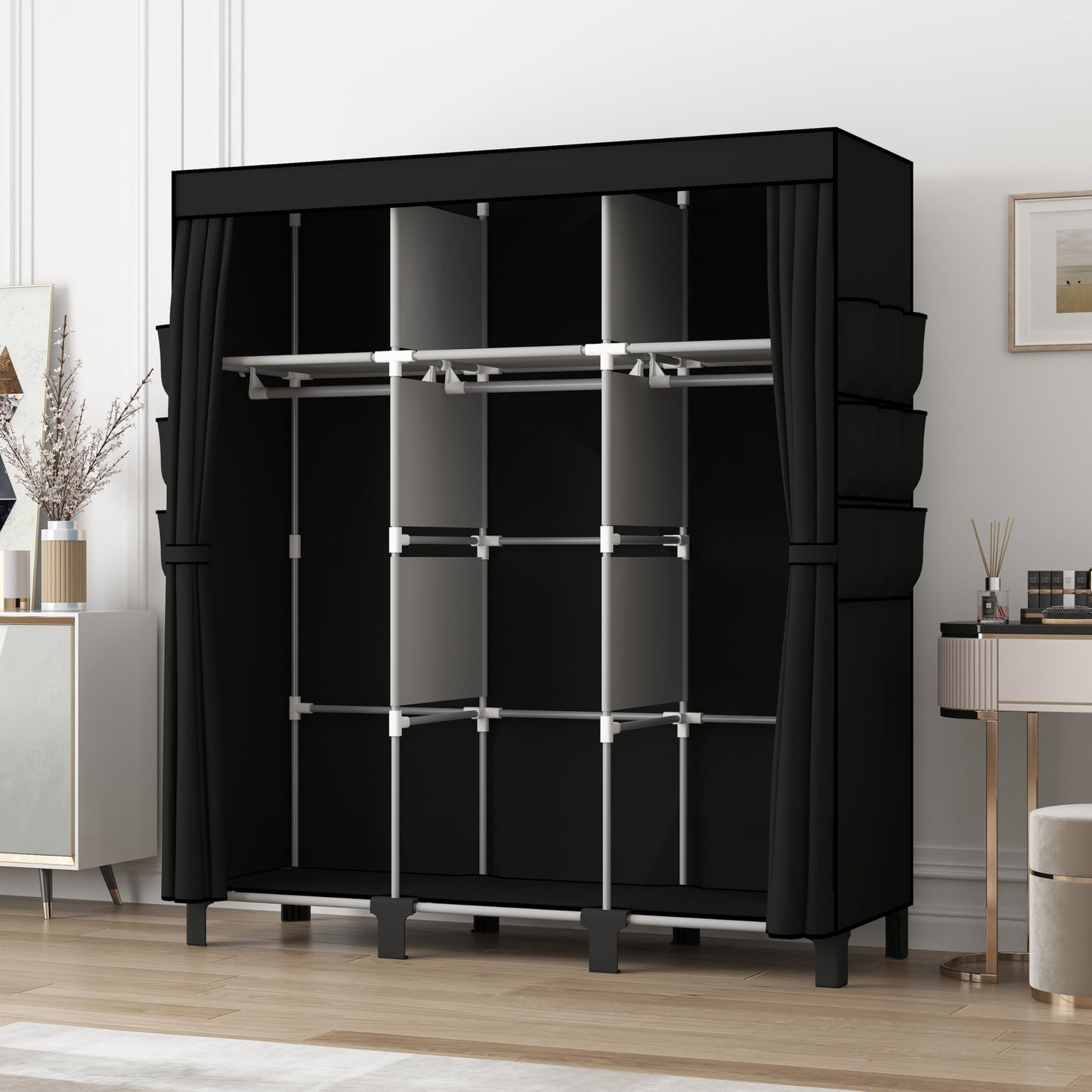 dongliangqinying Portable Fabric Wardrobe, 130x45x170cm Foldable Closet with 3 Hanging Areas and 18 Side Pockets