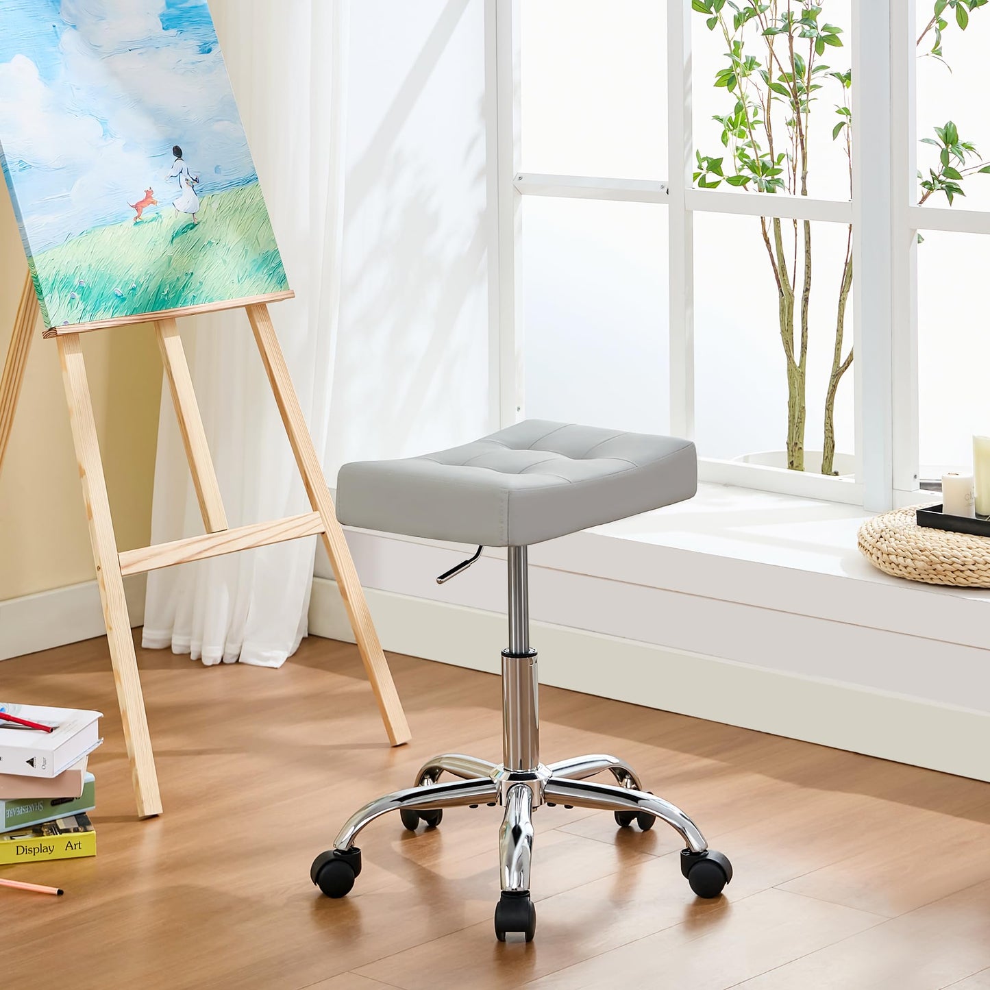 FIRAVOE Adjustable Drafting Stools 43.5–54.5 cm (Saddle Shaped Seat) (136 kg Capacity) Office Stool with Wheels