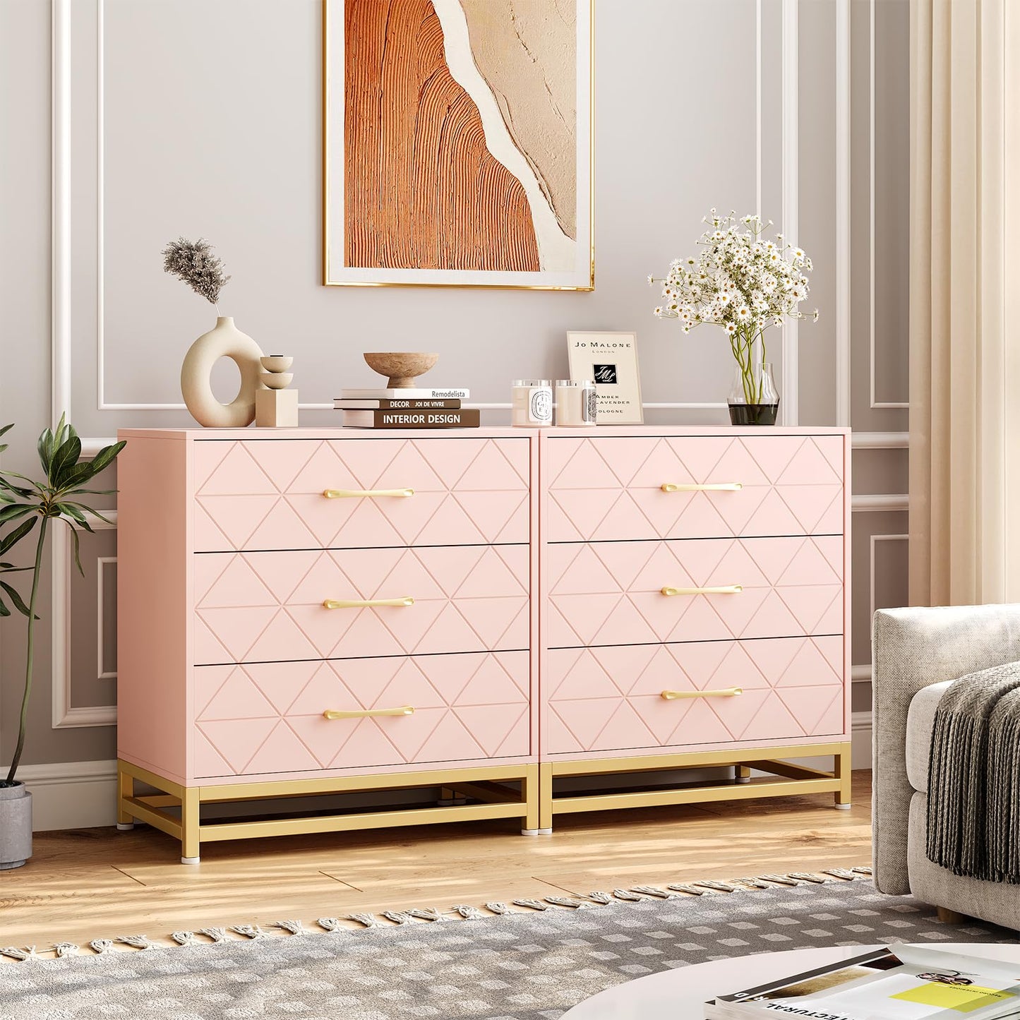 Dresser for Bedroom, Wide Chest of Drawers with 3 Drawers, Spacious Clothes Storage Cabinet Beside Table with Metal Handles & Sturdy Feet