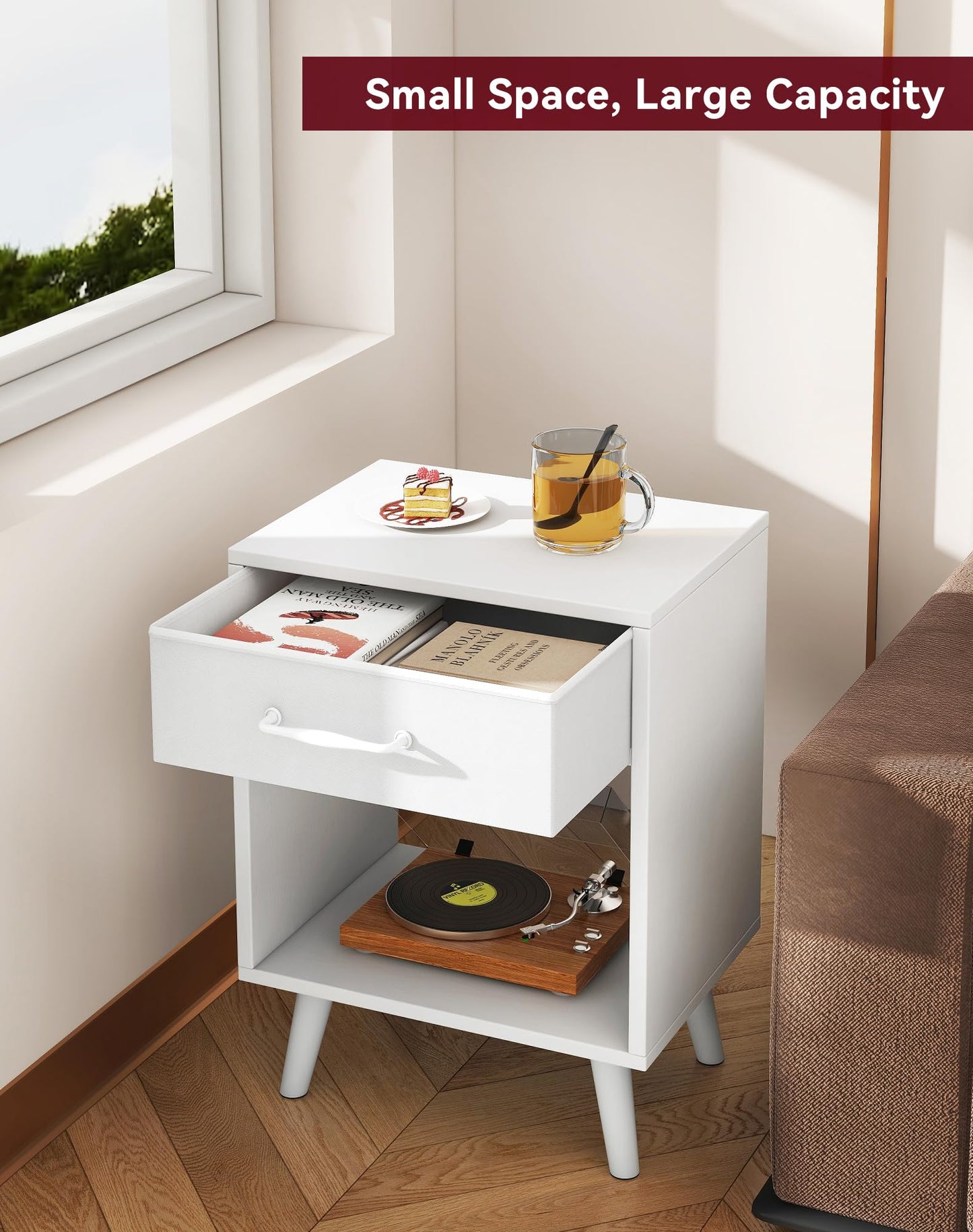 YMYNY Nightstand Set of 2, Bedside Table, Side Table with Fabric Drawer, Handle and Open Compartment, Solid Wood Legs