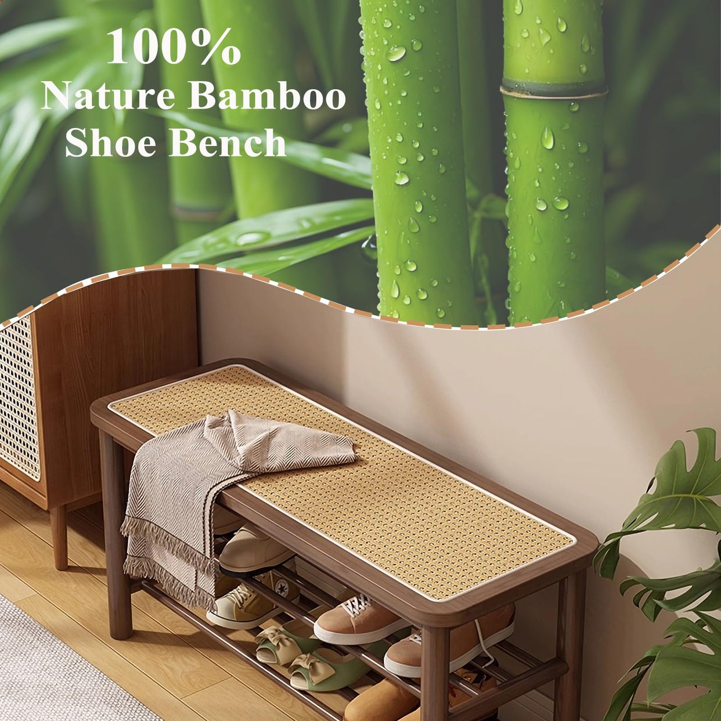 SOBIBO Bamboo Shoe Rack Bench with Rattan Seat, 3-Tier Shoe Storage Bench, Entryway Bench for Hallway Walnut-23.62 inches