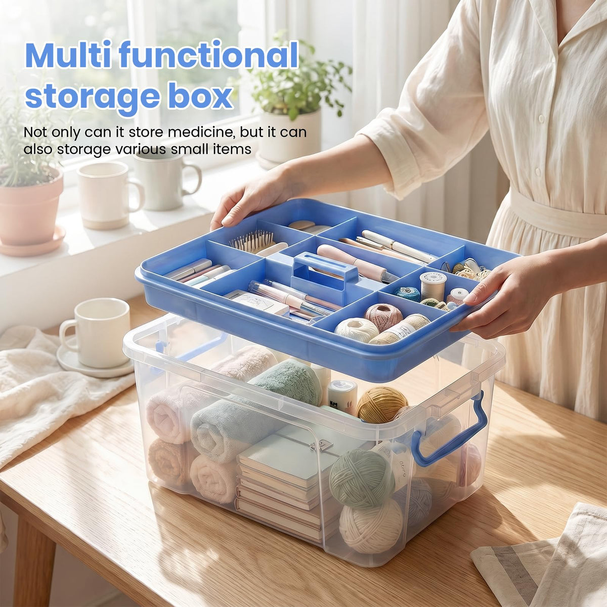 Nymblis Medicine Storage Box with Lid, Double Layers Medication Box, Blue