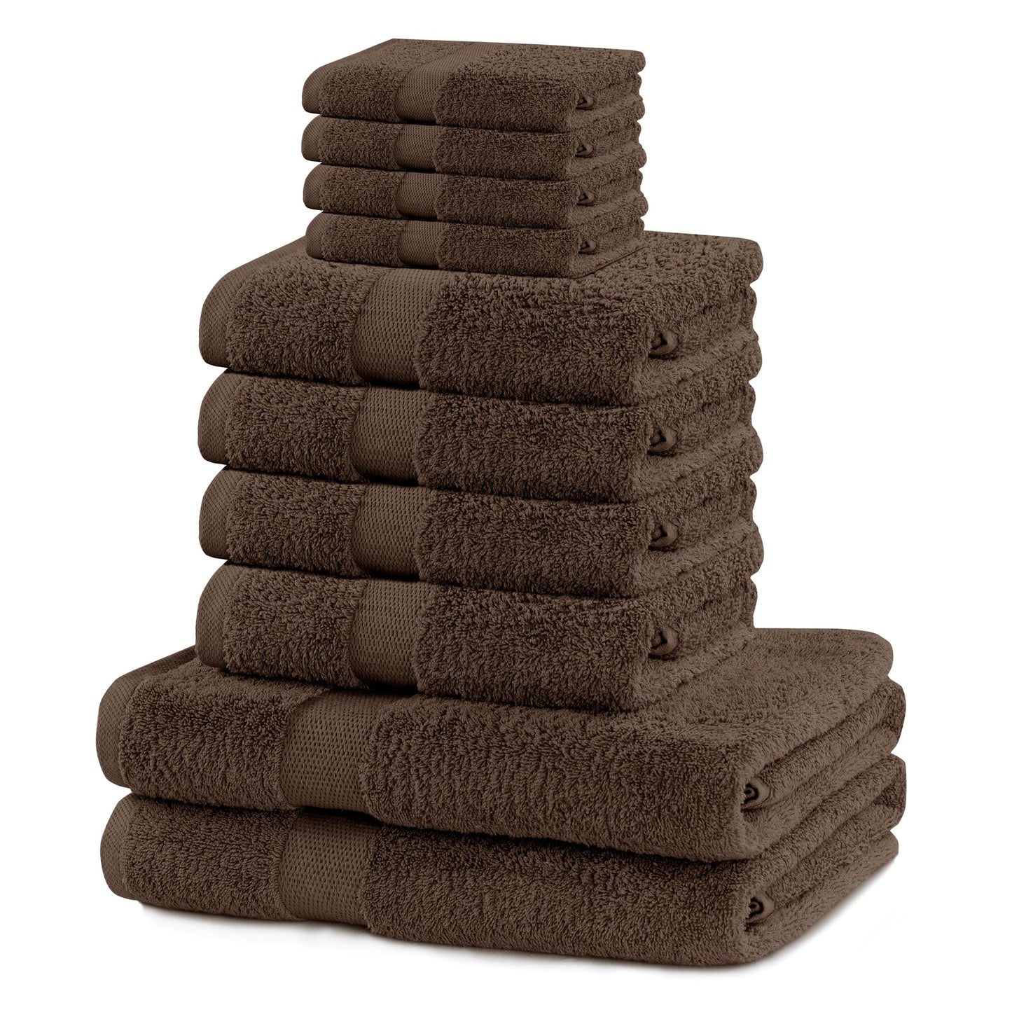 DecoKing Set of 10 Cotton Quality 525 g/m² 4 Guest Towels 30 x 50 cm 4 Hand Towels 50 x 100 cm and 2 Bath Towels 70 x 140 cm Brown Nut Brown