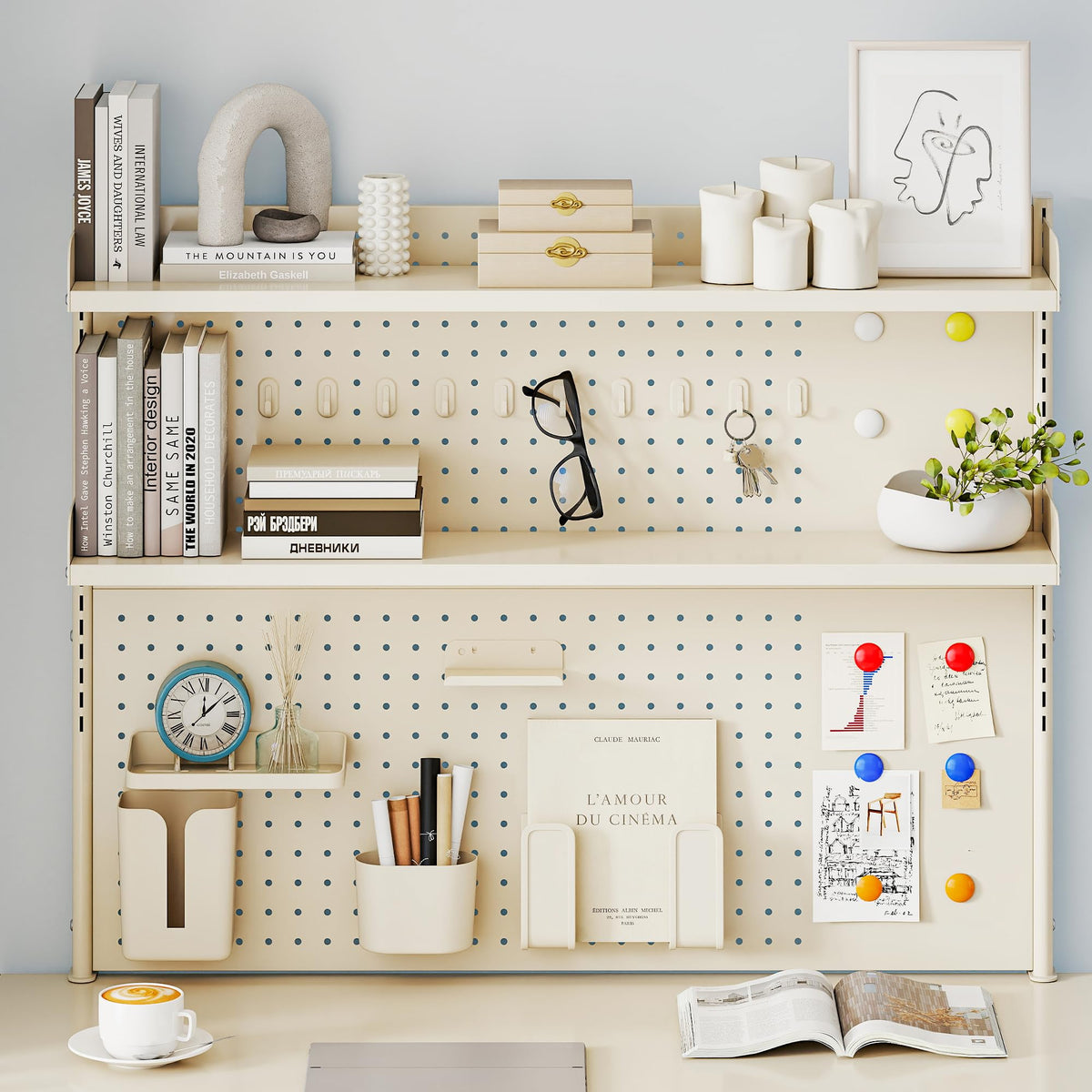 YAGEANNL Clamp-On 2-tier Desk Shelf 100cm,Pegboard Desk Shelf,Desktop Organizer With Pegboard for Gaming,Studying and Working