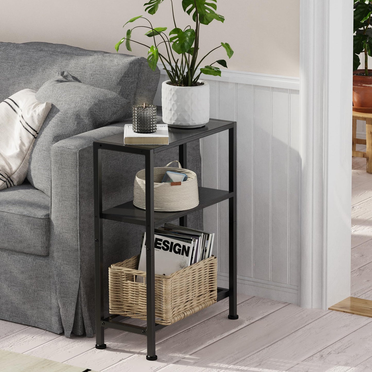 Vantimo Narrow Side Table, 3-Tier Small Shelving Unit, Slim Bedside Table for Small Space, Living Room, Bedroom, Sofa, Couch (Black)