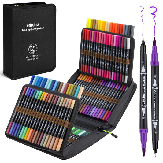 Ohuhu Colouring Pens: 120 Colours Dual Tips Brush Pens Water-Based Art Markers Set for Adults Colouring Book Drawing Sketching, Non-Bleeding - Maui -