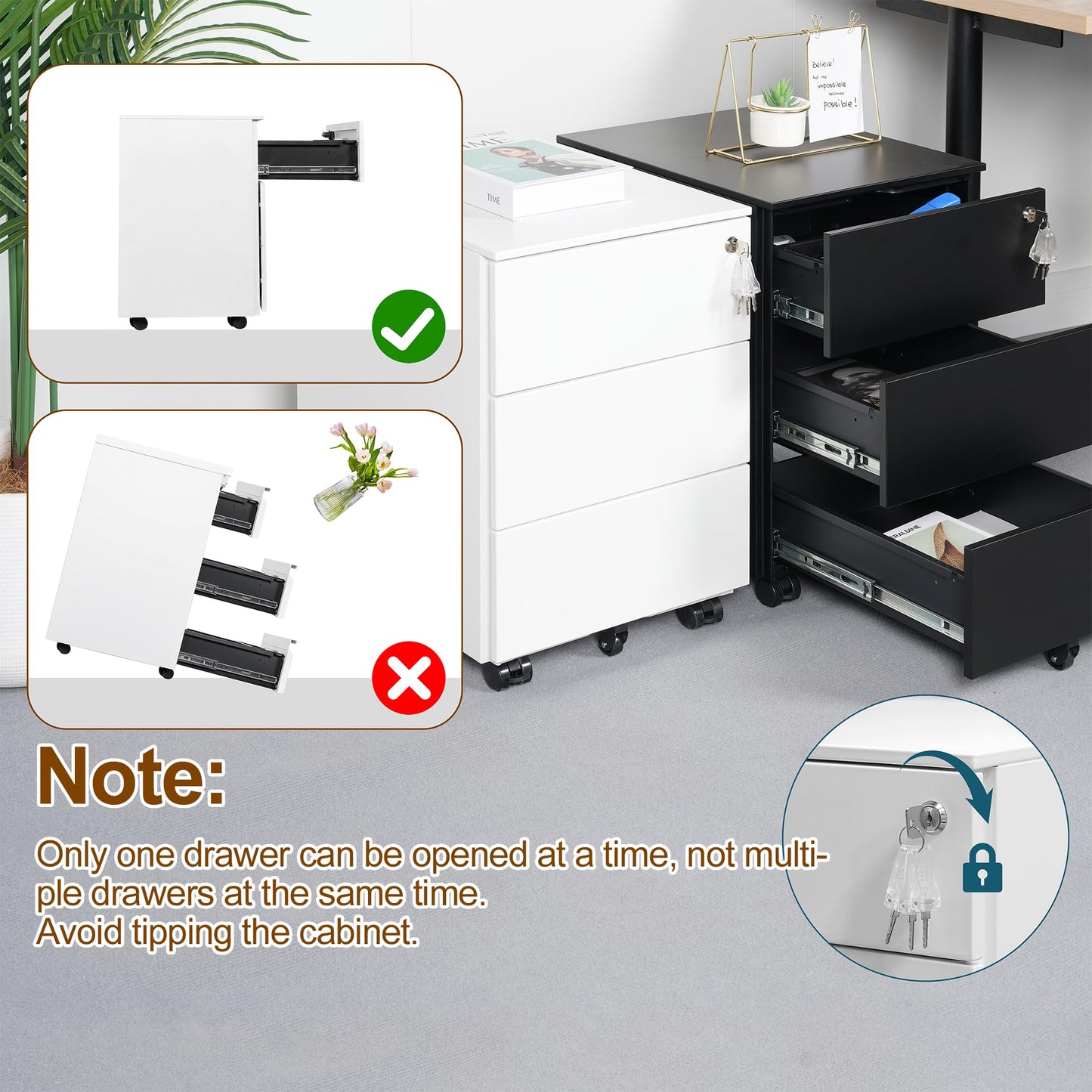 HOMSTEEL Mobile File Ccabinet, Filing Cabinet with 1 Lock, 4 Keys, 3 Drawers, Metal Cabinet, Pre-assembled, for Office, Home Office, White