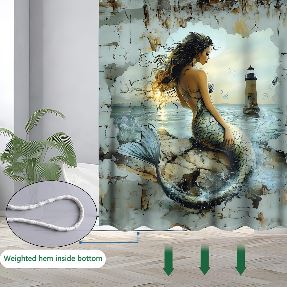 JINGYOU Mermaid Shower Curtain,Nautical Bath Curtain Washable Polyester Fabric Retro Printed Bathroom Curtains with 12 Hooks for Bathroom/Wet