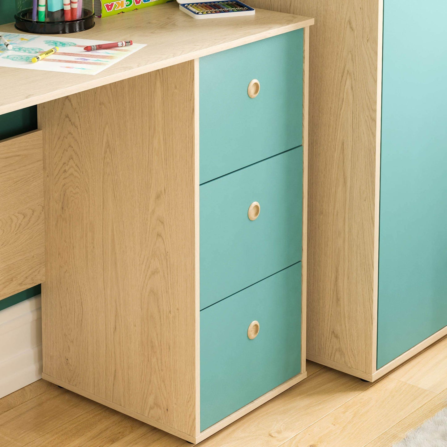 Junior Vida Neptune 3 Drawer Desk Computer Dressing Table PC/Laptop Home Study Workstation Children Kids Furniture (Blue & Oak)