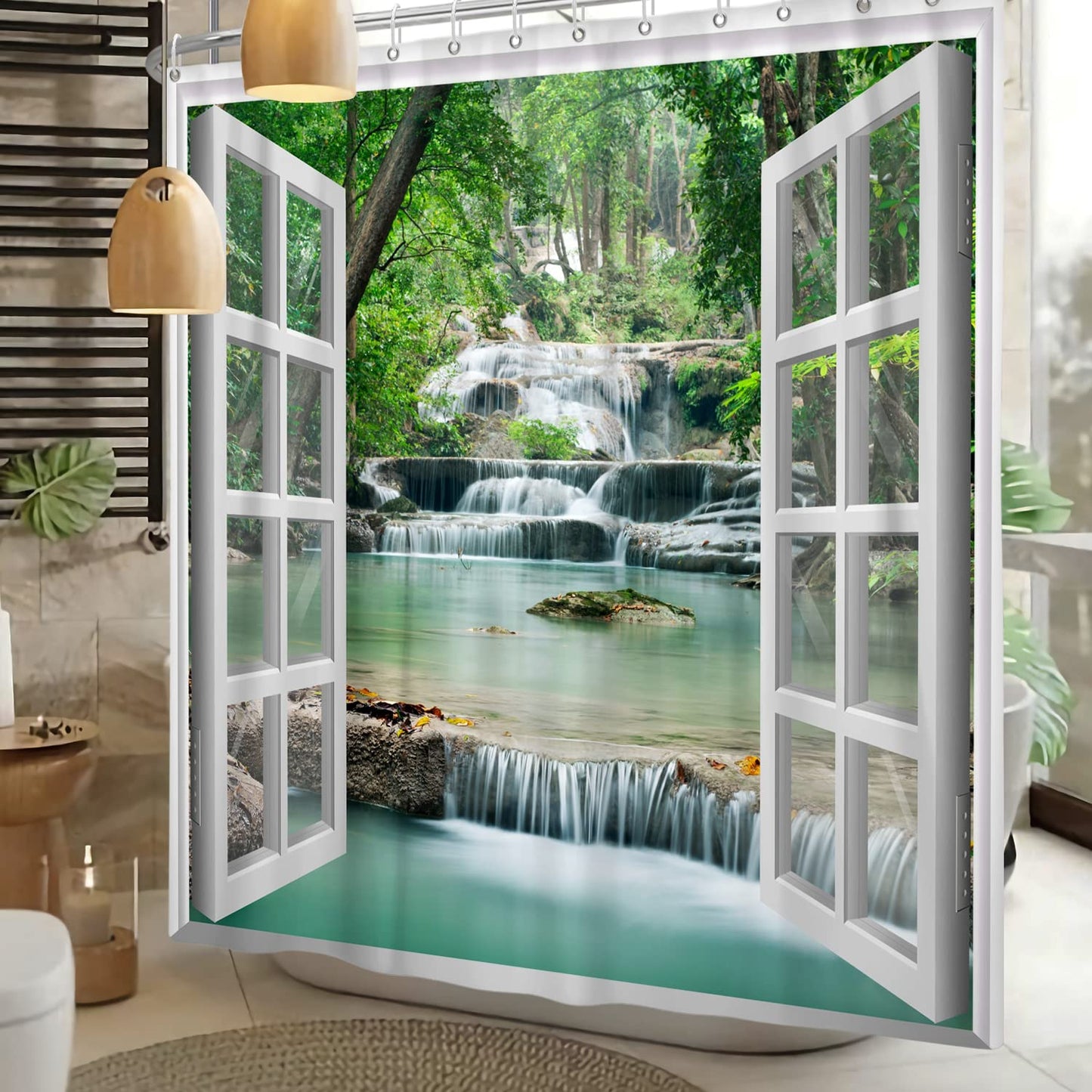 SDOTPMT 90x180cm Window View Shower Curtain Spring Waterfall Trees Natural Scenery Wilderness Landscape Bath Curtain White Window Picture Modern Art