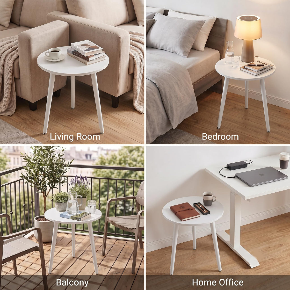 APICIZON Round Side Table, White Wooden Bedside Table with Reinforced Metal Leg Connectors, Small End Table for Living Room, Bedroom and Small Spaces